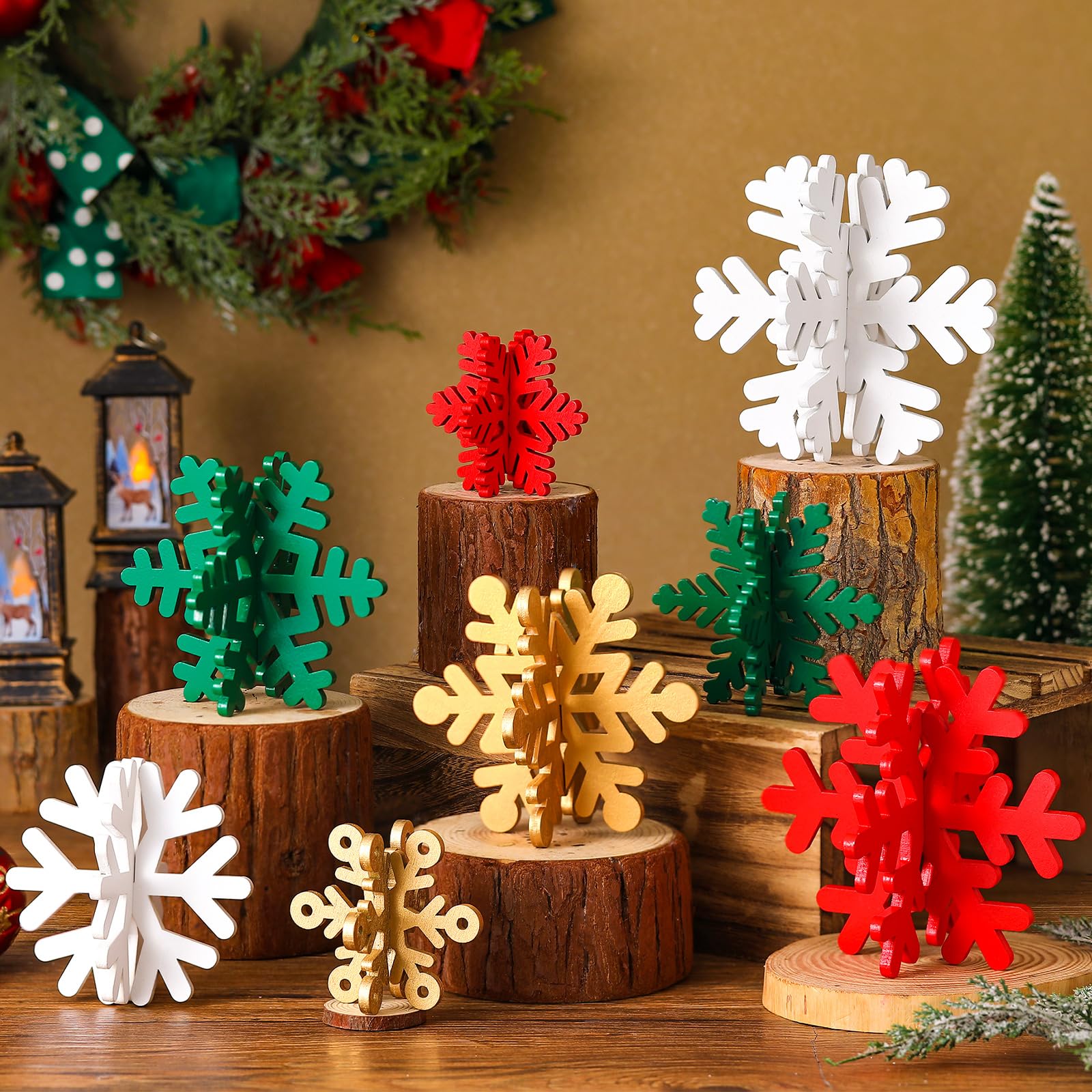 Wenqik 16 Pcs Winter Wooden Snowflake Decor Christmas Winter Snowflake Tabletop Decorations 3D Snow Table Signs Standing Centerp