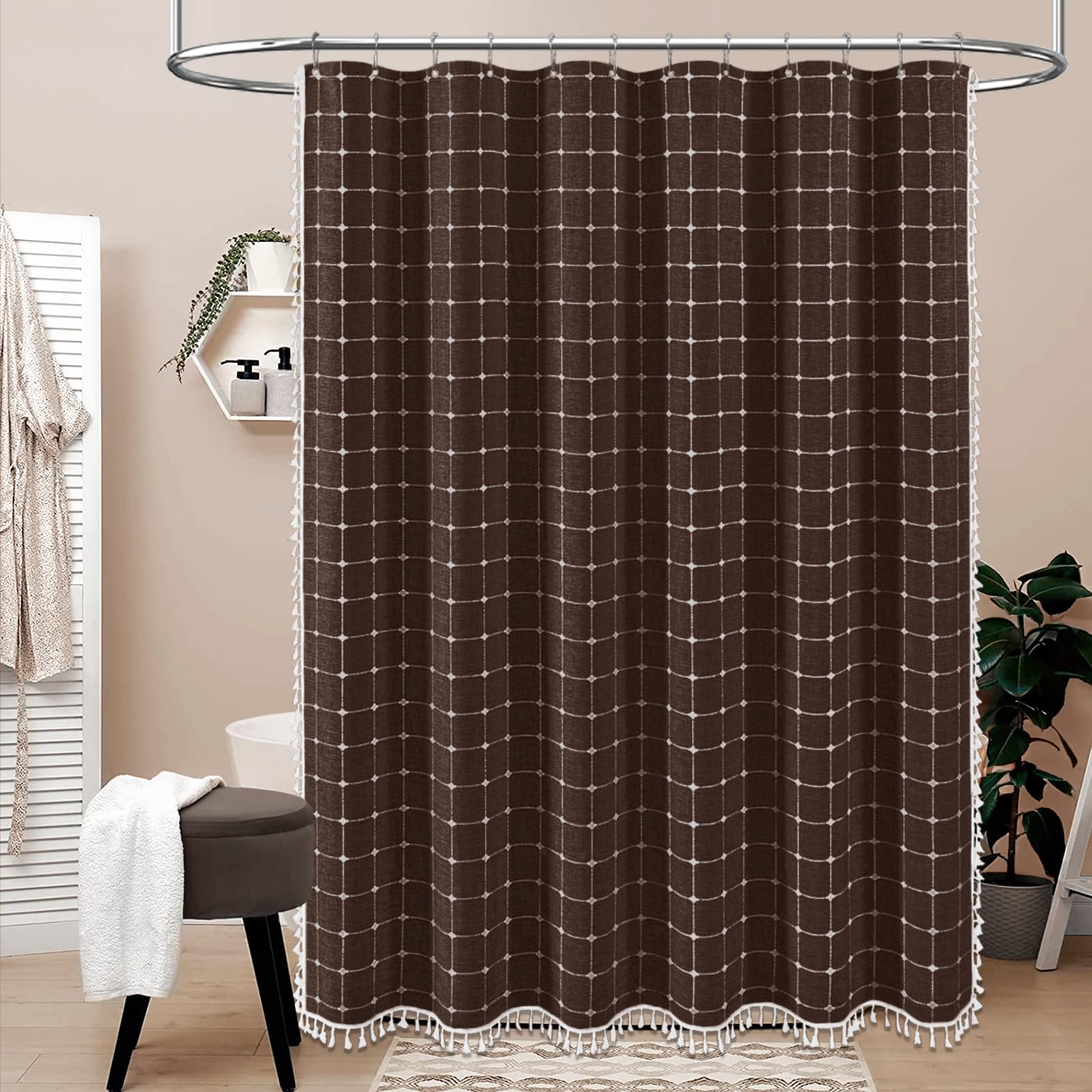 Bttn Extra Long Shower Curtain - 72X84 Inch Long Boho Chic Tassel Linen Fabric Shower Curtain Set With Hooks, Tall Modern Farmho
