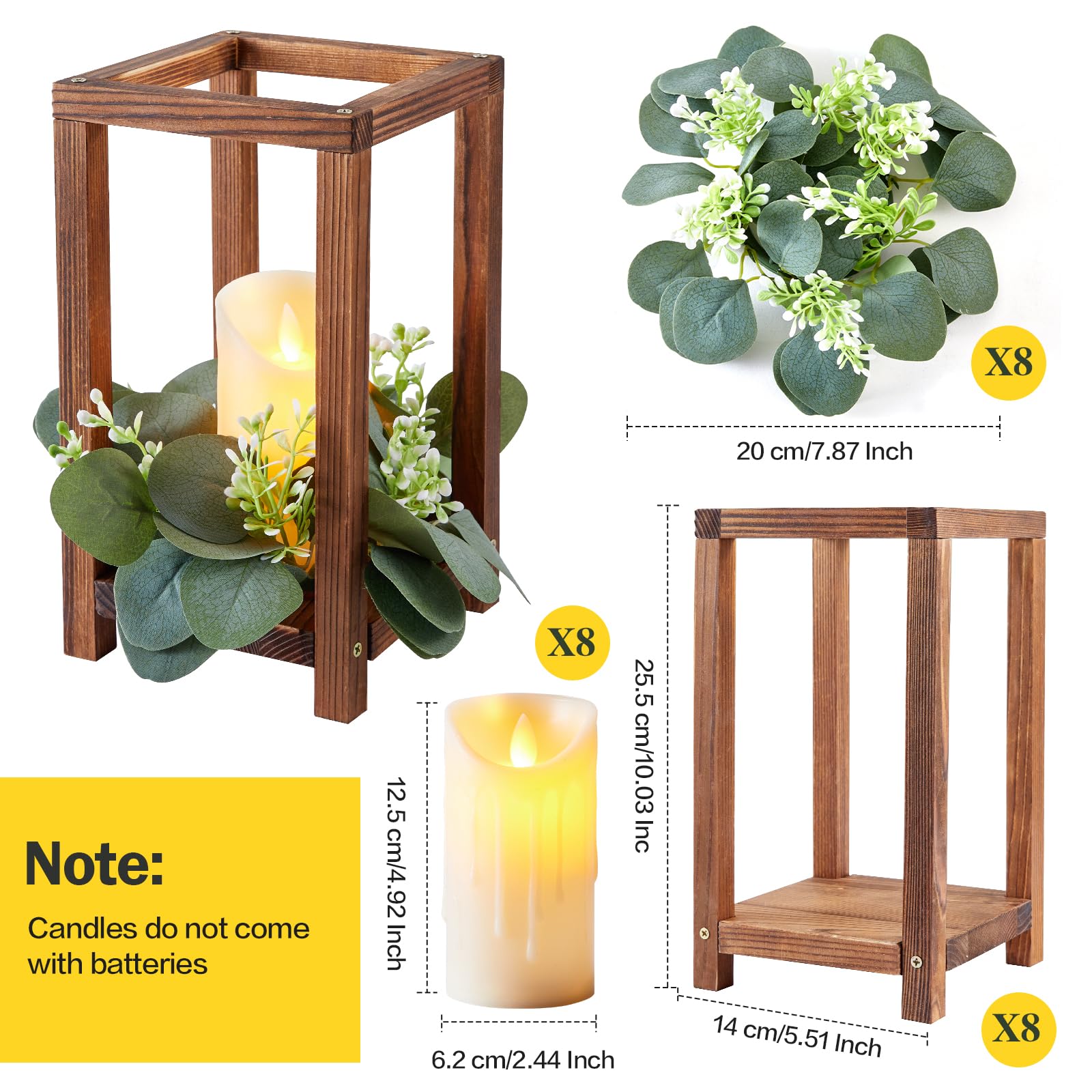 Neoflavie 8 Set/24 Pcs Wooden Wedding Lantern Centerpiece Include 8 Wooden Lantern Candle Holder 8 Flameless LED Candle 8 Eucaly
