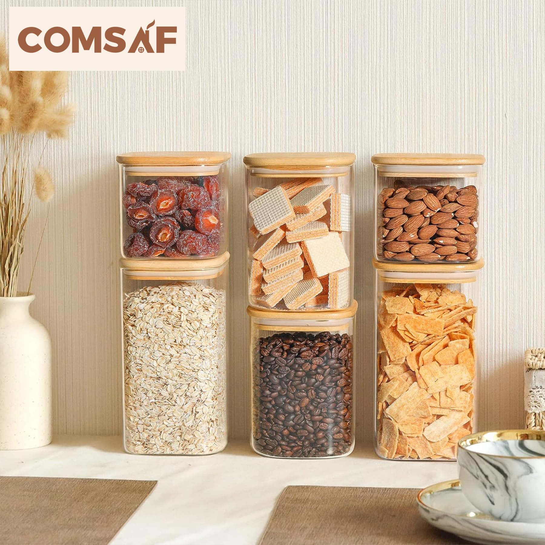 Comsaf Airtight Glass Storage Canister With Bamboo Lid (24Oz/37Oz/51Oz) Set Of 6, Clear Food Storage Container Kitchen Pantry St