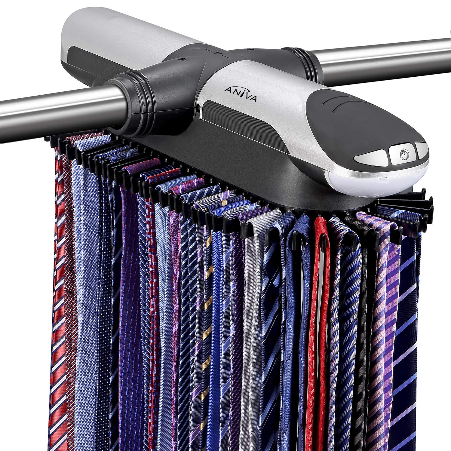 Aniva Motorized Tie Rack Closet Organizer With Led Lights Includes J Hooks For Wired Shelving Stores Up To 72 Ties & 8 Belts, Op