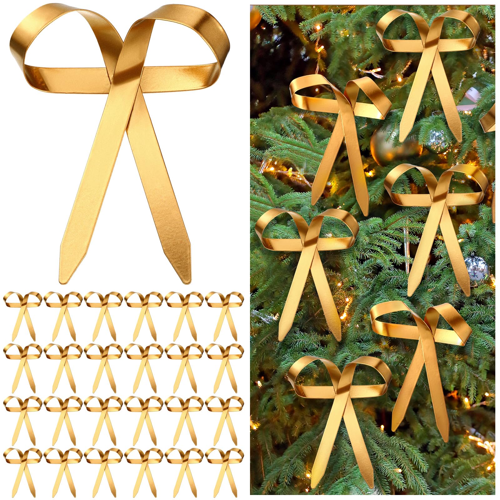 Daifunli 24 Pcs Gold Metal Christmas Bow Ornaments for Christmas Tree Garland Wreath Bulk Bow with Clip Ornament Vintage Indoor 