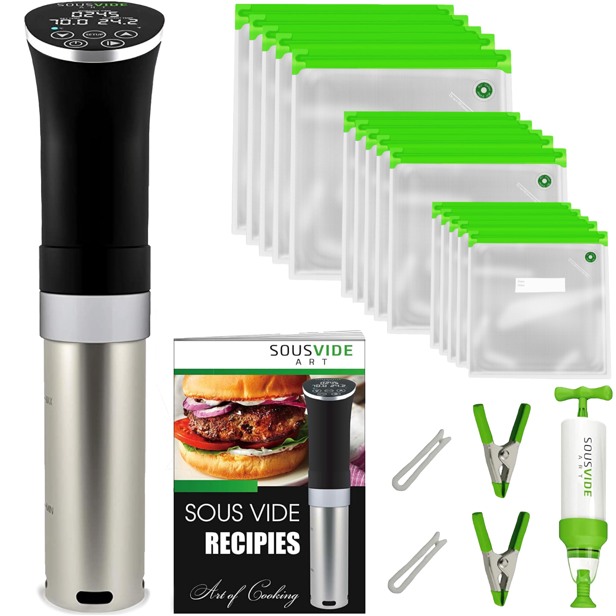 SOUSVIDE ART Cooker Kit (1000 Watts Sous Vide Cooker) - Sous Vide Machine Immersion Cookers Circulator  15 Vacuum Seal Bags  Vacuum Pump  Digital Timer Temperature Control  Gift for Chefs