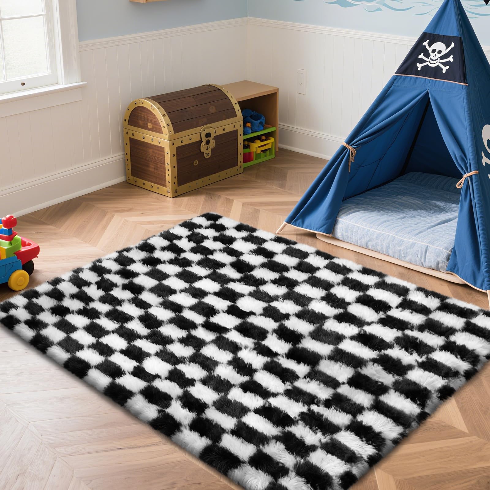 Checkered Rug for Bedroom, 4x6 Black and White Area Rugs, Classic Checkered Carpets Shaggy Area Rug, Bedside Rugs for Living Roo
