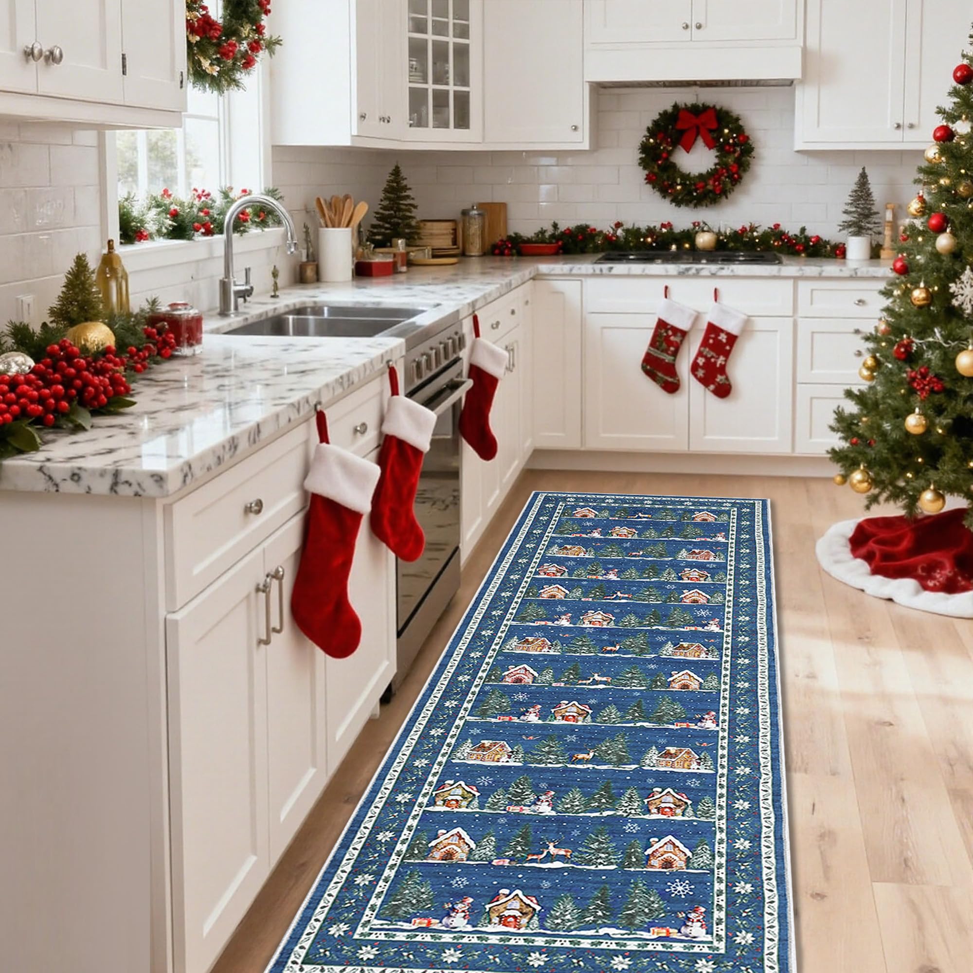 GarveeHome Christmas Rugs Runner for Hallways 2x8 Machine Washable Non Slip Backing Stain Resistant Christmas Tree Animals Print