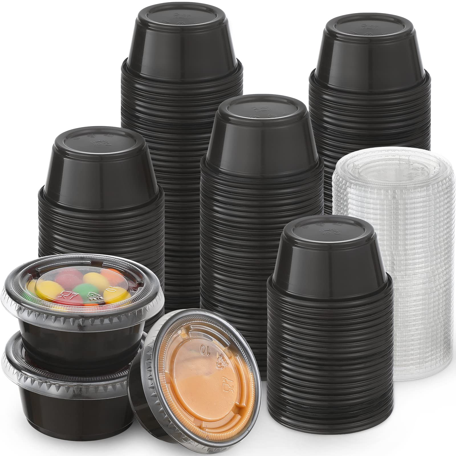 [130 Sets - 2 Oz ] Black Plastic Portion Cups, Jello Shot Cups, Small Plastic Containers With Lids, Airtight Salad Dressing Cont