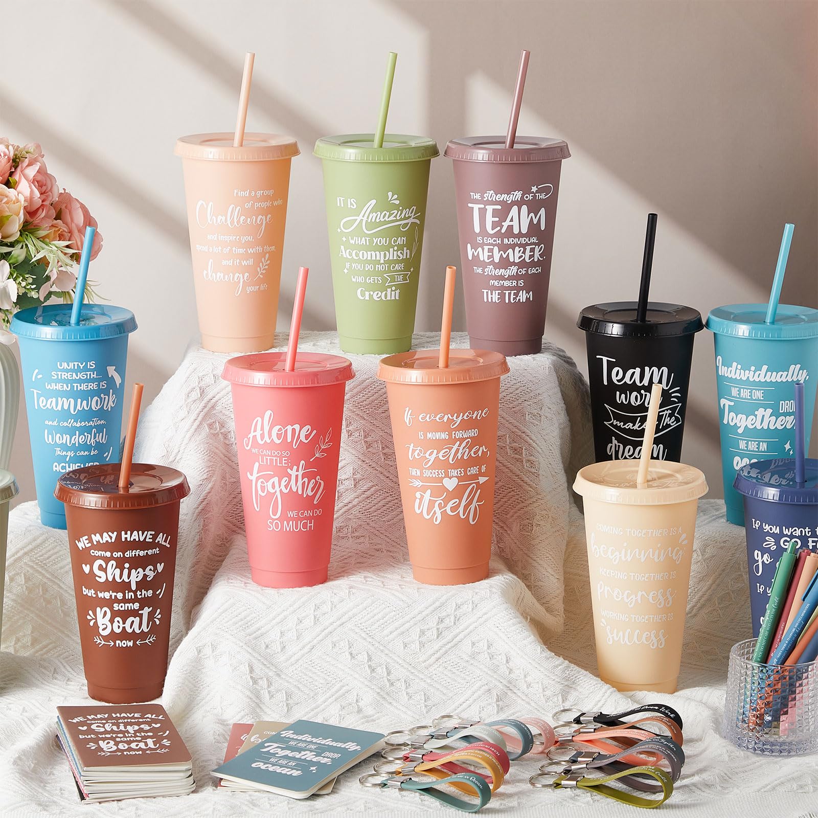 Hollowfly 96 Pcs Team Appreciation Gifts for Employee 24 oz Inspirational Plastic Cups Bulk with Lid and Straw Notebooks Ballpoi