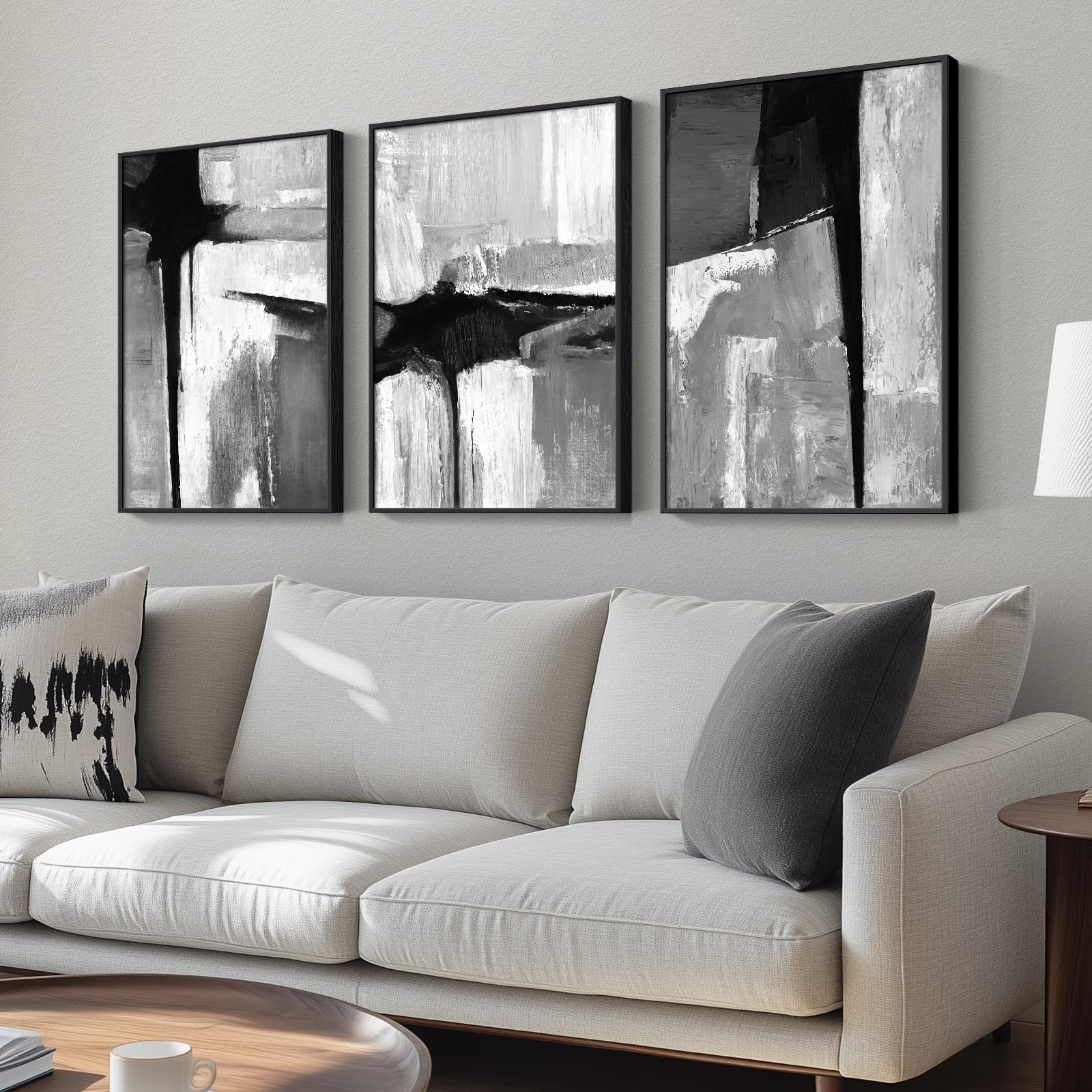 Framed Black And White Gray Modern Abstract Wall Art, Set Of 3 Piece Big Canvas Paintings Artwork For Walls, Minimalist Art Prin