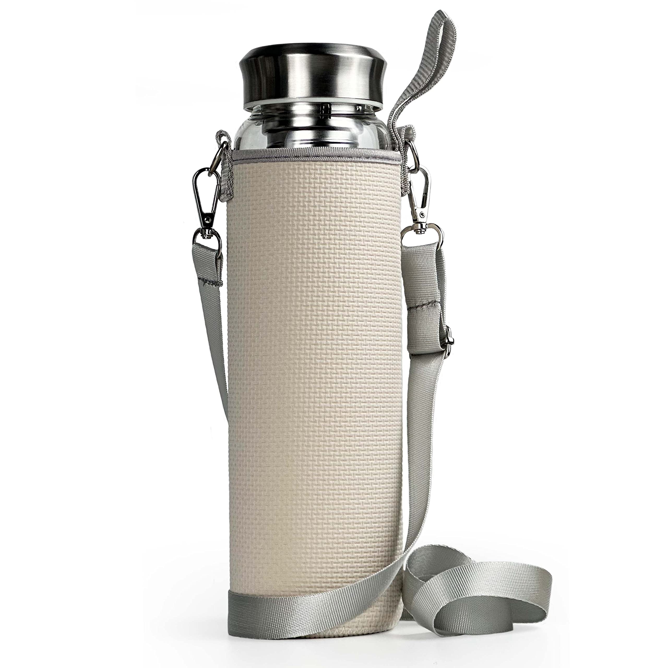 ameiin 32 oz Glass Water Bottles with Stainless Steel Lid and Sleeve  Borosilicate Glass Sports Water Bottle with Strap for Dri