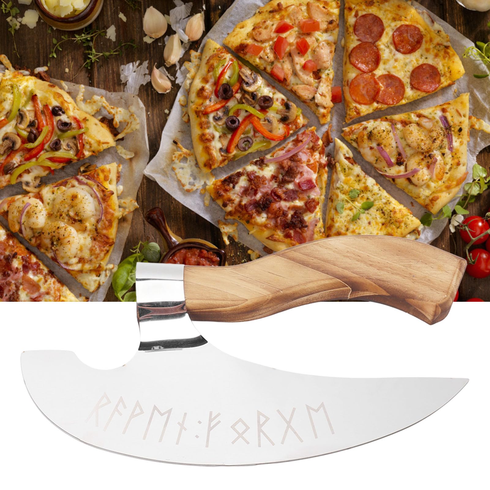 Handmade Viking Pizza Axe, Pine Wood Handle Viking Pizza Cutter Axe, Stainless Steel Medieval Pizza Cutter For Home Restaurant B