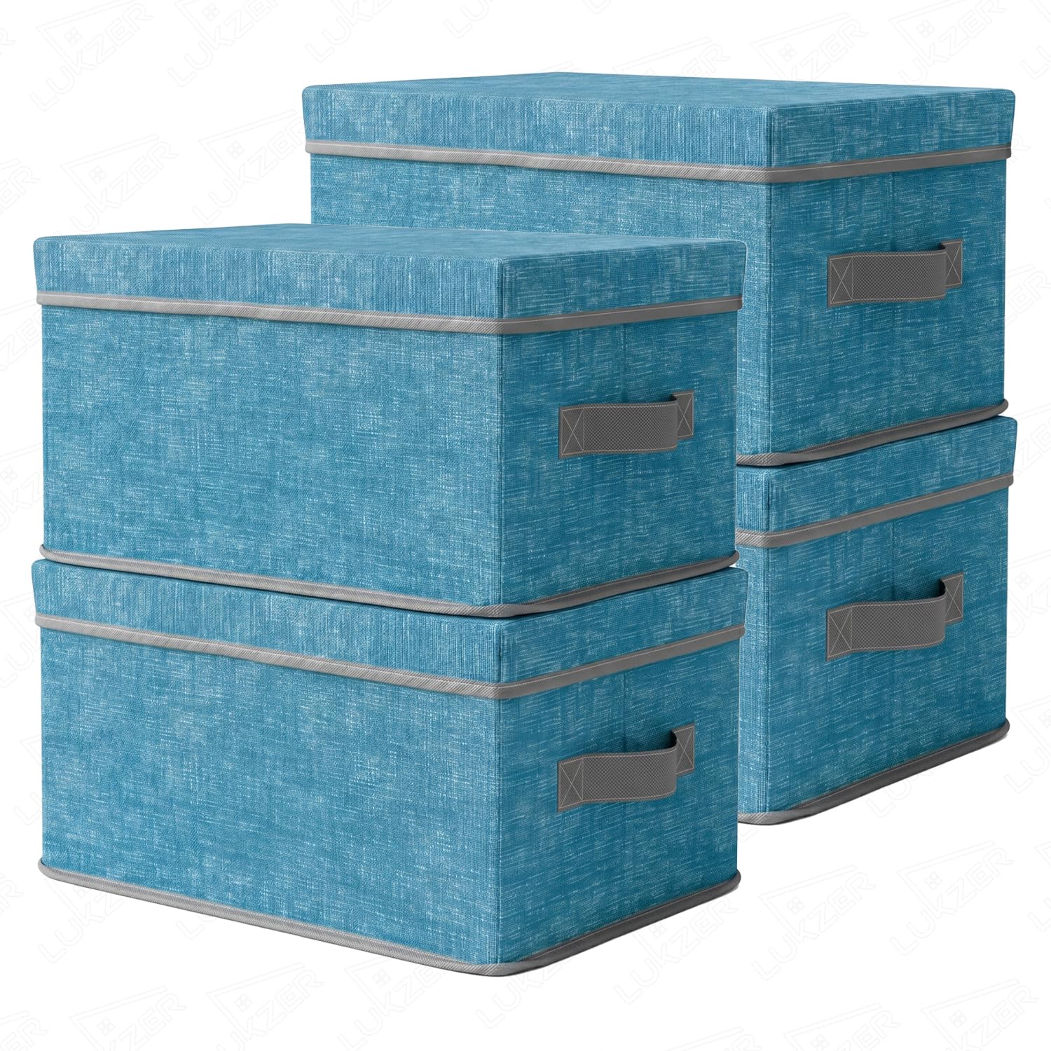 Lukzer 4Pc Blue & Grey Foldable Storage Box With Lid & Reinforced Handle | Fabric Wardrobe Clothes Organizer Basket Bin For Sare