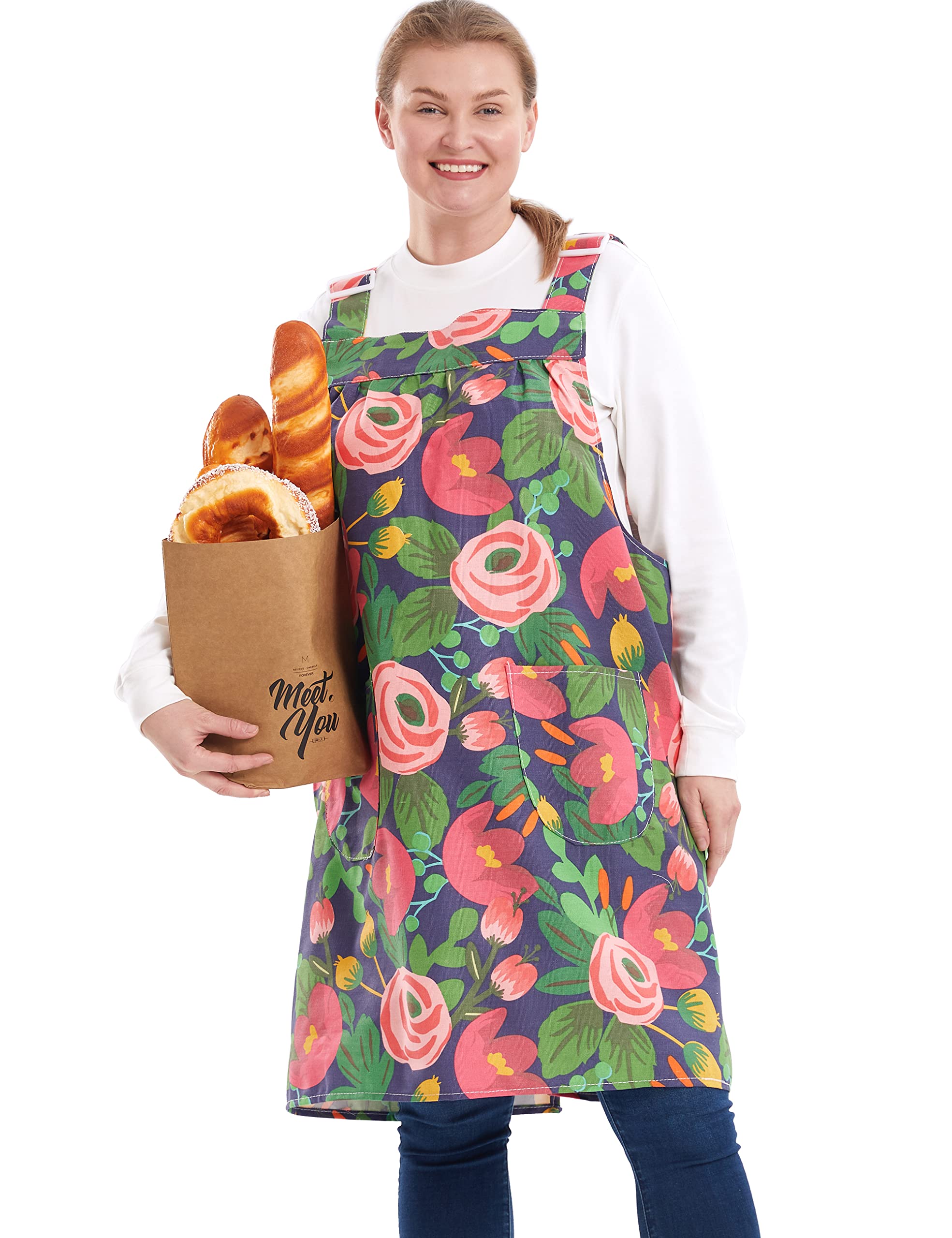 Apronner No Ties Plus Size Aprons For Women With Pockets Cotton Linen Baking Kitchen Cooking Red Tulip