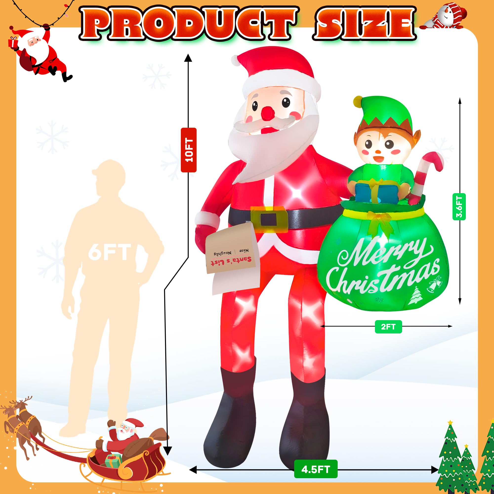 CORALMEE 10 FT Christmas Inflatables Santa Claus, Christmas Blow Up Yard Decorations with Built-in LEDs & Elf, Climbing Santa In
