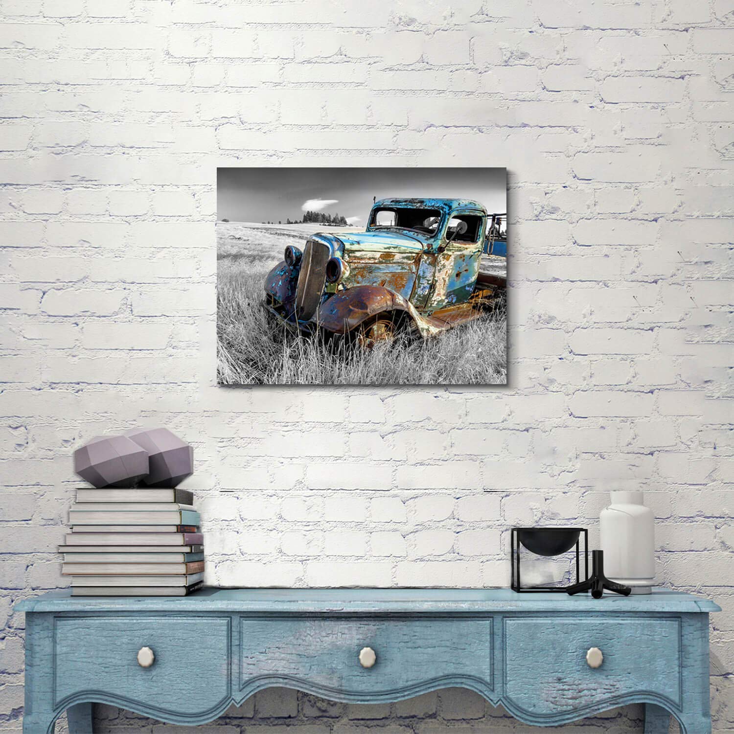 Artistic Path Rusty Car Canvas Wall Art: Old Truck Pictures Paintings Print On Canvas Artwork For Bedrooms (24'' W X 18'' H,Mult