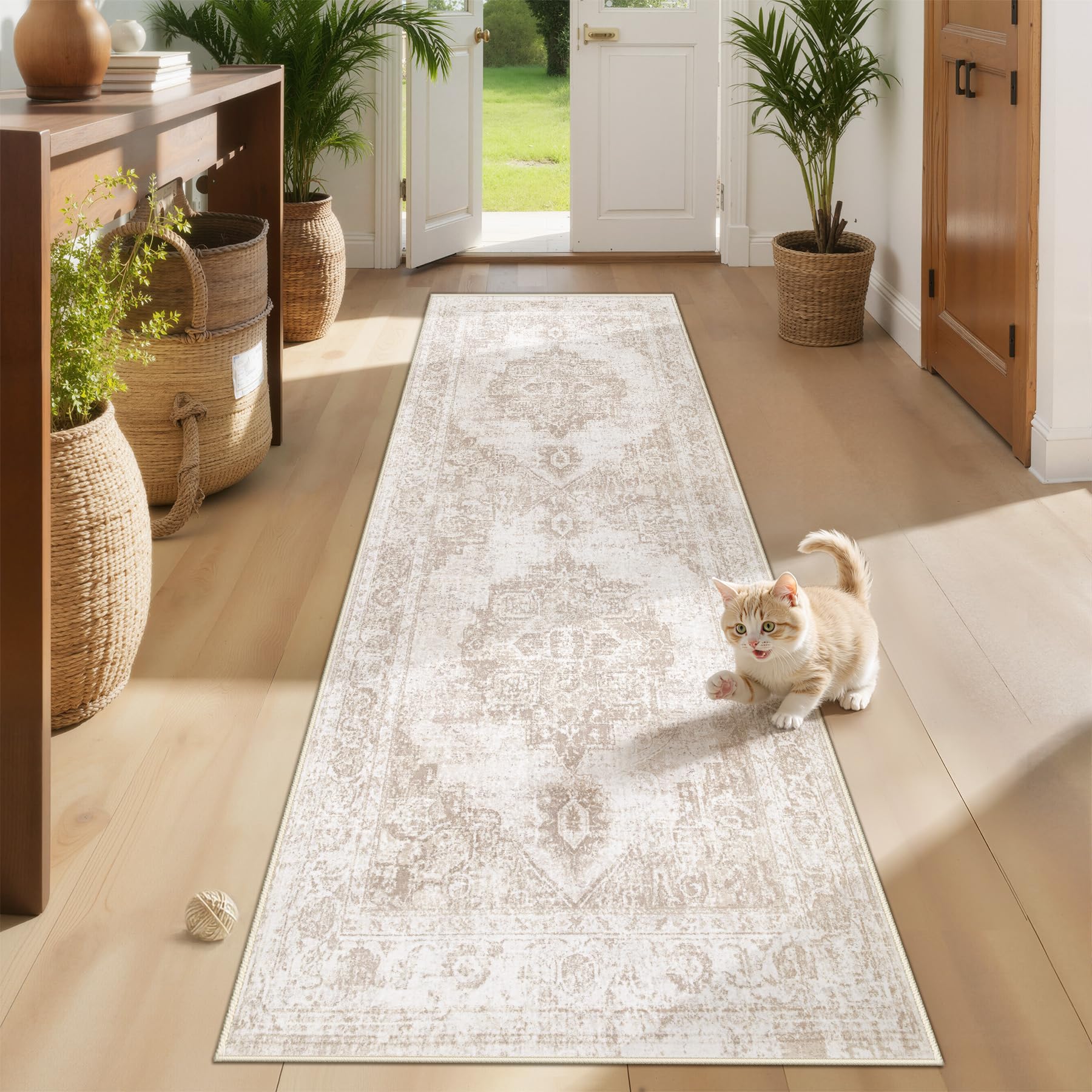 Area Rug 2x8 Runner Rug: Washable Vintage Hallway Rugs Indoor Medallion Rug Low Pile Distressed Floor Carpet Retro Accent Rugs f