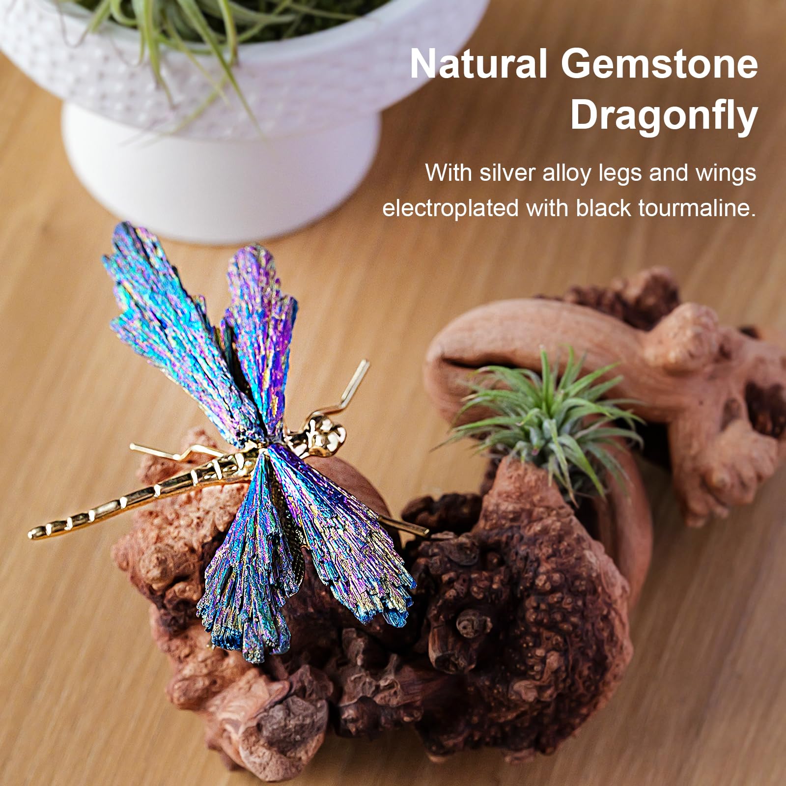 RJINGSHI Dragonfly Statue Natural Electroplated Tourmaline Dragonfly Decor Collection Natural Home Decor Healing Crystals Dragon