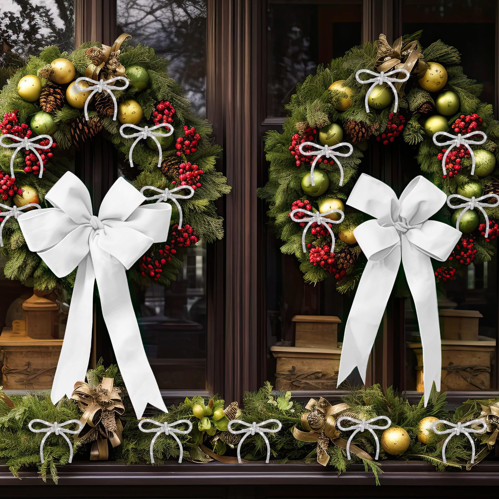 Suncalla 12 Pcs Glitter Christmas Tree Bow Clip Ornaments 4.1 x 4.5 Inch Bow Christmas Tree Wreath Decoration Xmas Hanging Ornam