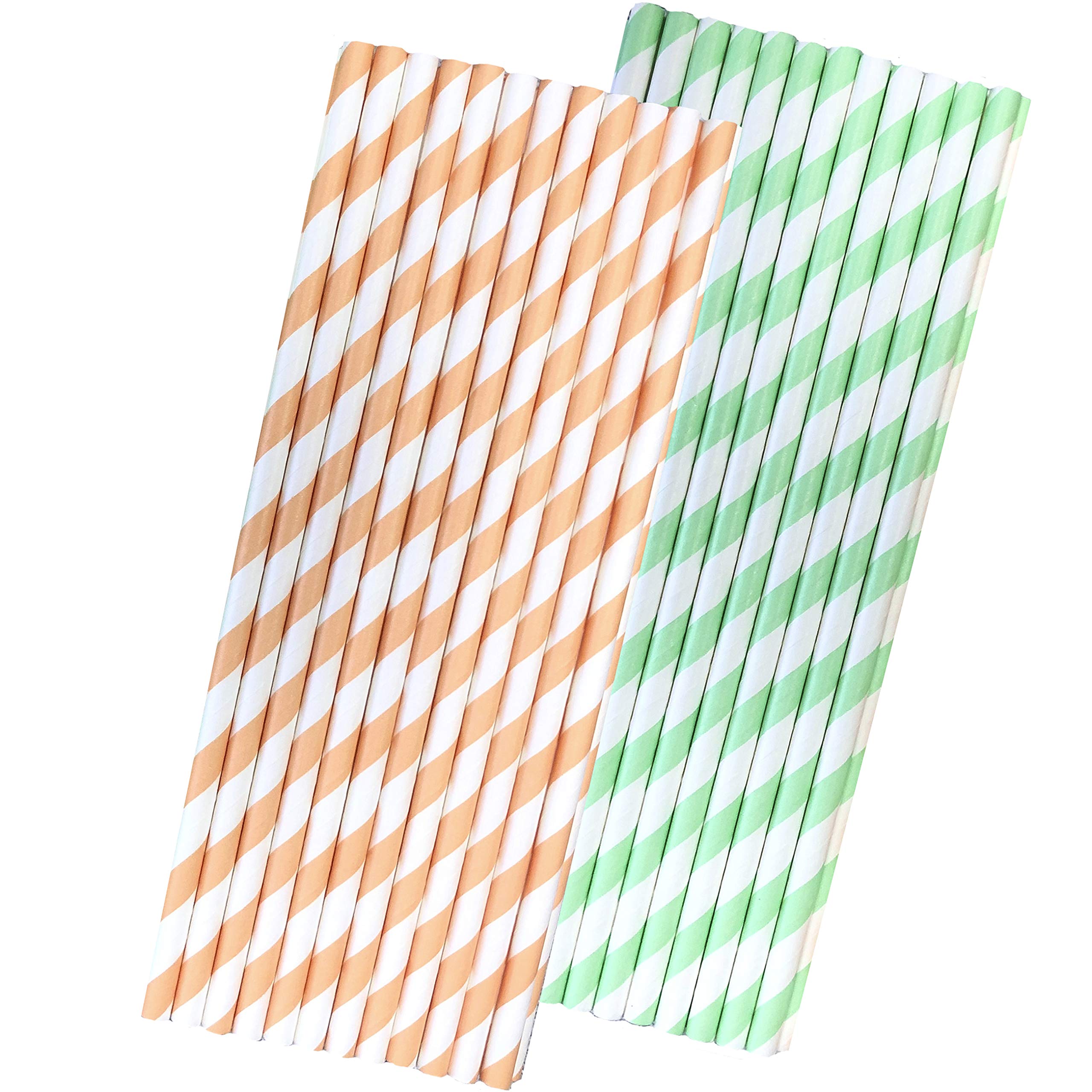 Striped Paper Straws - Mint Green Peach White - 7.75 Inches - Pack Of 50 Outside The Box Papers Brand