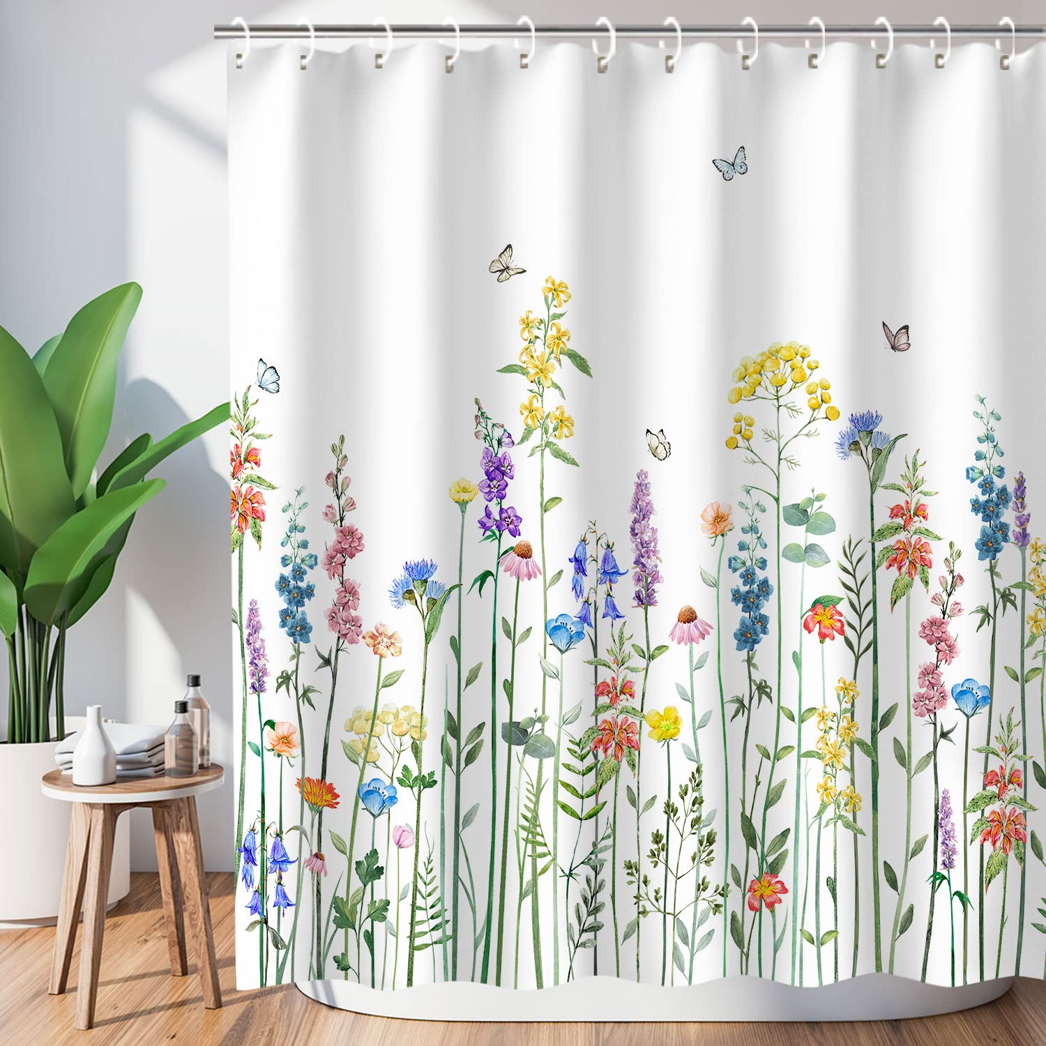Livilan Floral Shower Curtain For Bathroom Flower Shower Curtain Watercolor Shower Curtain Colorful Butterfly Flowered Plant Wil