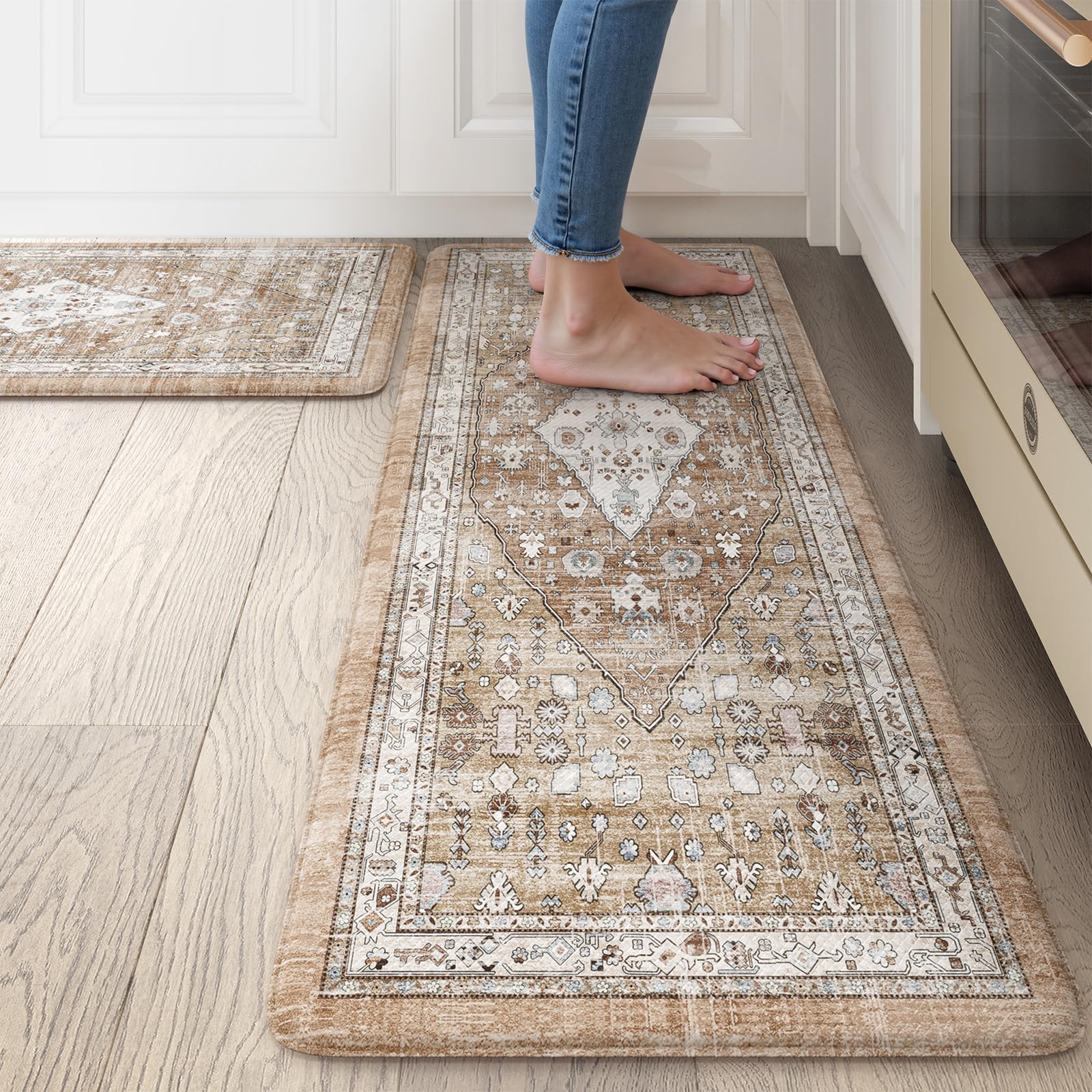 Collive Boho Kitchen Mats for Floor 2 Piece, Cushioned Anti Fatigue Mat Comfort Soft Standing Desk Carpet, Non Skid Wforaterproo
