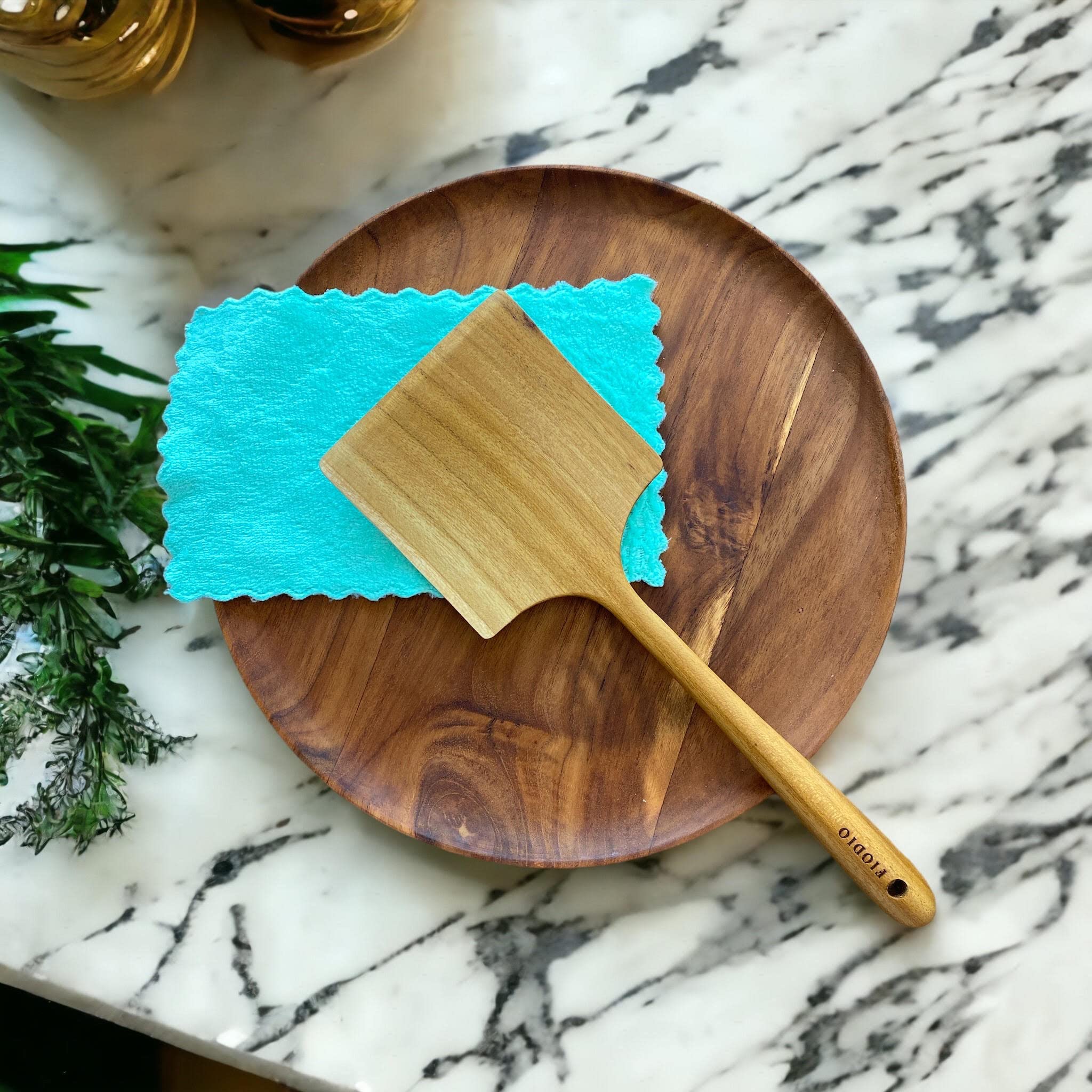 Fiodio Home Teak Wide Wooden Spatula With Microfiber Cloth - Natural Non-Stick Healthy Kitchen Utensils - Handcrafted With Comfo