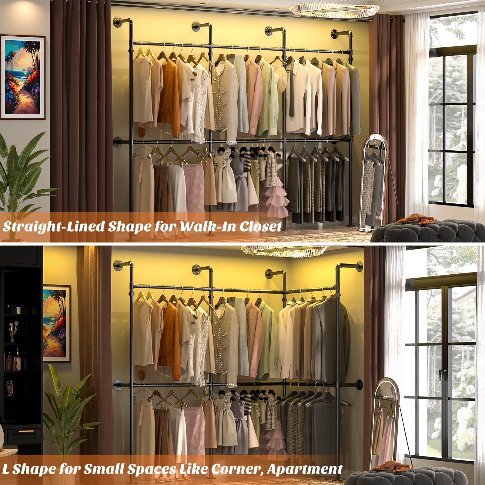 Aheaplus Industrial Pipe Clothing Rack, Reversible 9.85Ft Clothes Rack For Hanging Clothes, Heavy Duty Garment Rack, Wall Mounte