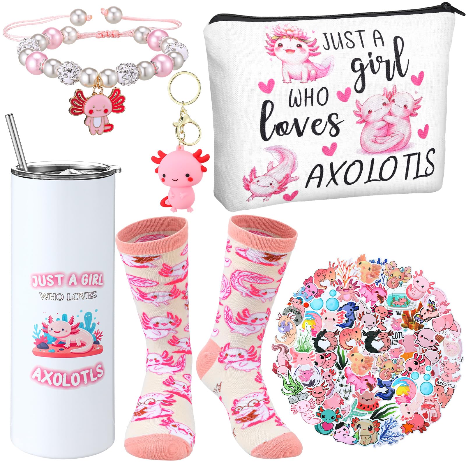 Geiserailie 6 Pcs Axolotl Gifts for Lovers Axolotl Presents Set 100 Stickers a Pair of Socks Keychain Bracelet Makeup Bag and Tu