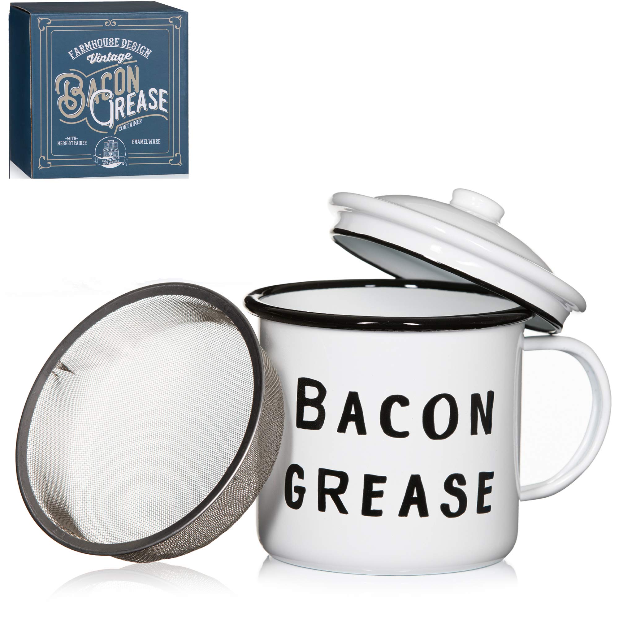 Bacon Grease Saver With Strainer - Rustic Mid-Century Modern Farmhouse Design, White Enamel On Metal, 4 Inch X 4 Inch Vintage En