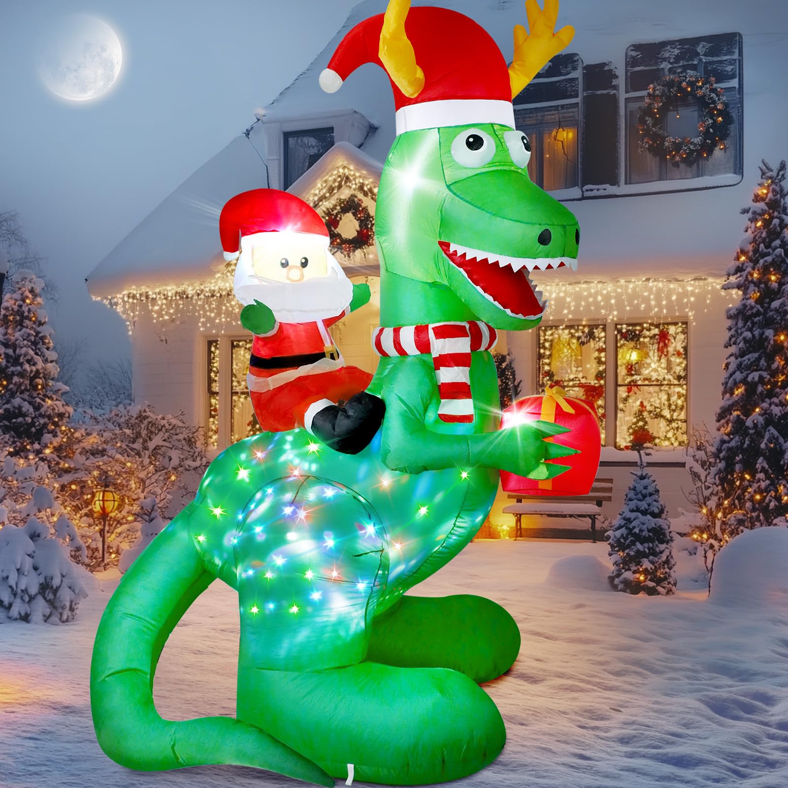 8ft Christmas Inflatables Dinosaur Outdoor Decorations with Bright LED and Disco Light, Santa Claus Riding Dinosaur Holding Gift
