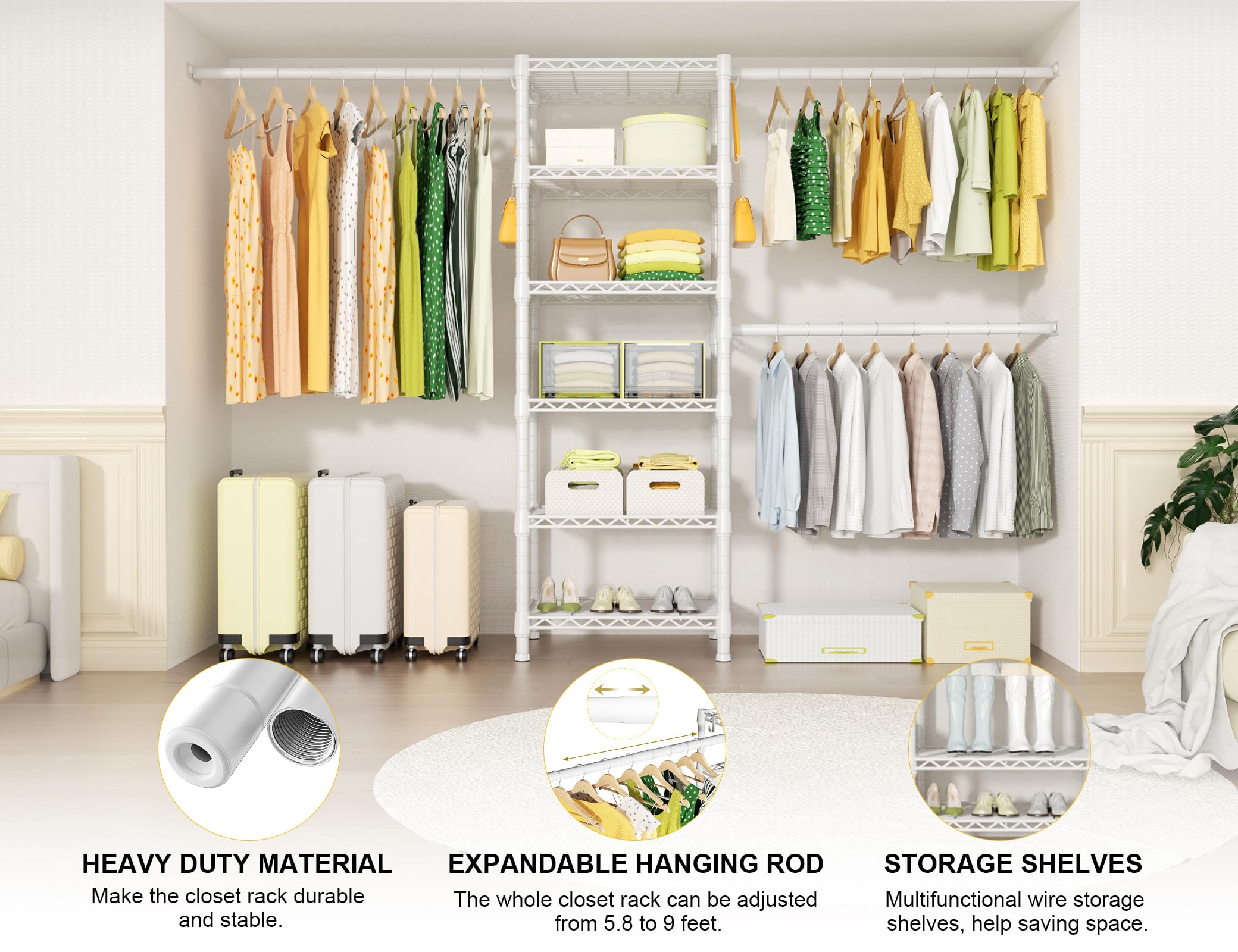 Ulif M5 Wall Mounted Clothes Garment Rack, Heavy Duty Closet Storage And Organizer With 6 Shelves And 3 Expandable Hanger Rods,