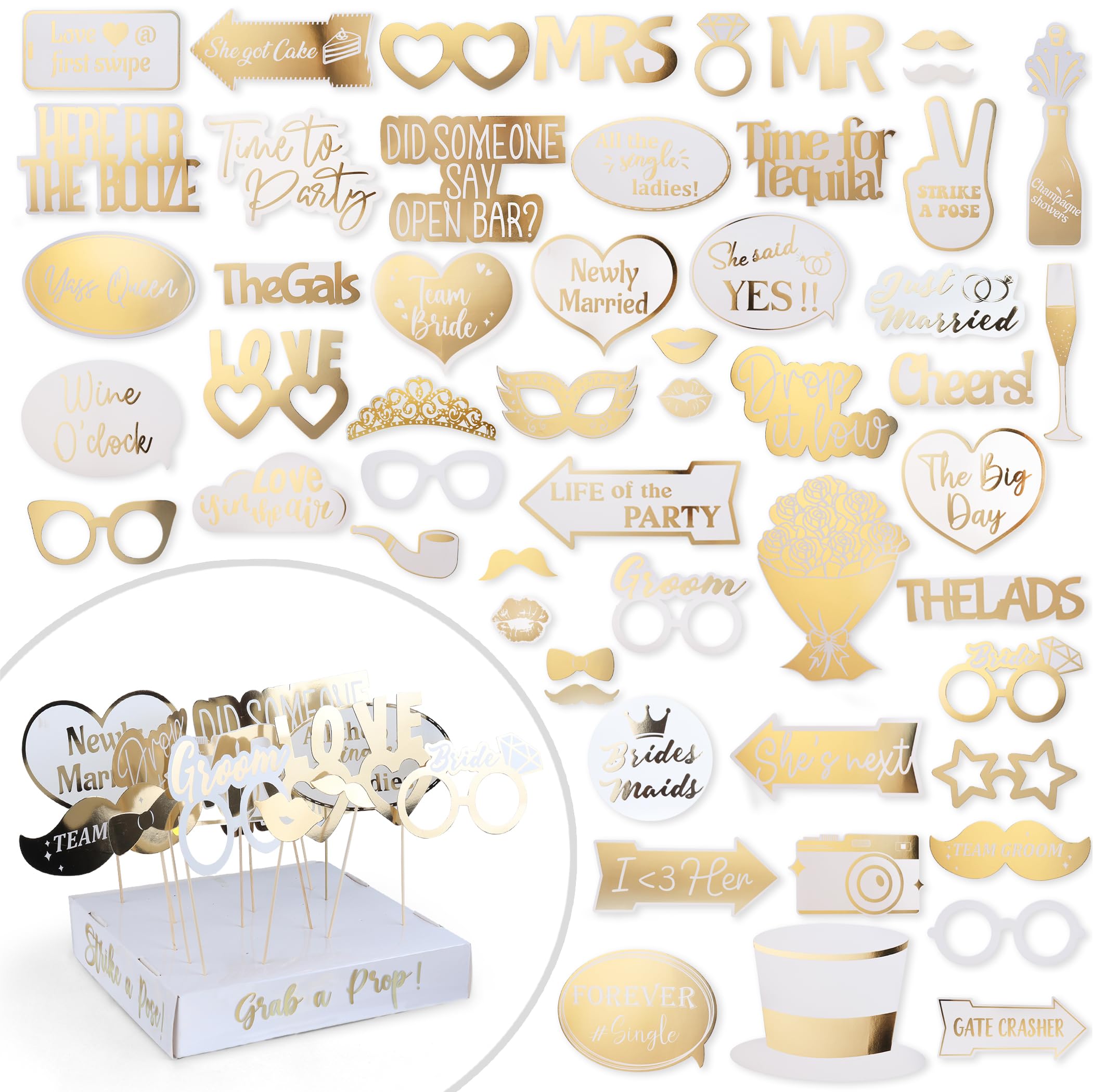 Soul Shift 60Pcs Fully Assembled Wedding Photo Booth Props - Prop Stand - Gold Signs - Elegant Wedding & Reception Party Supplie