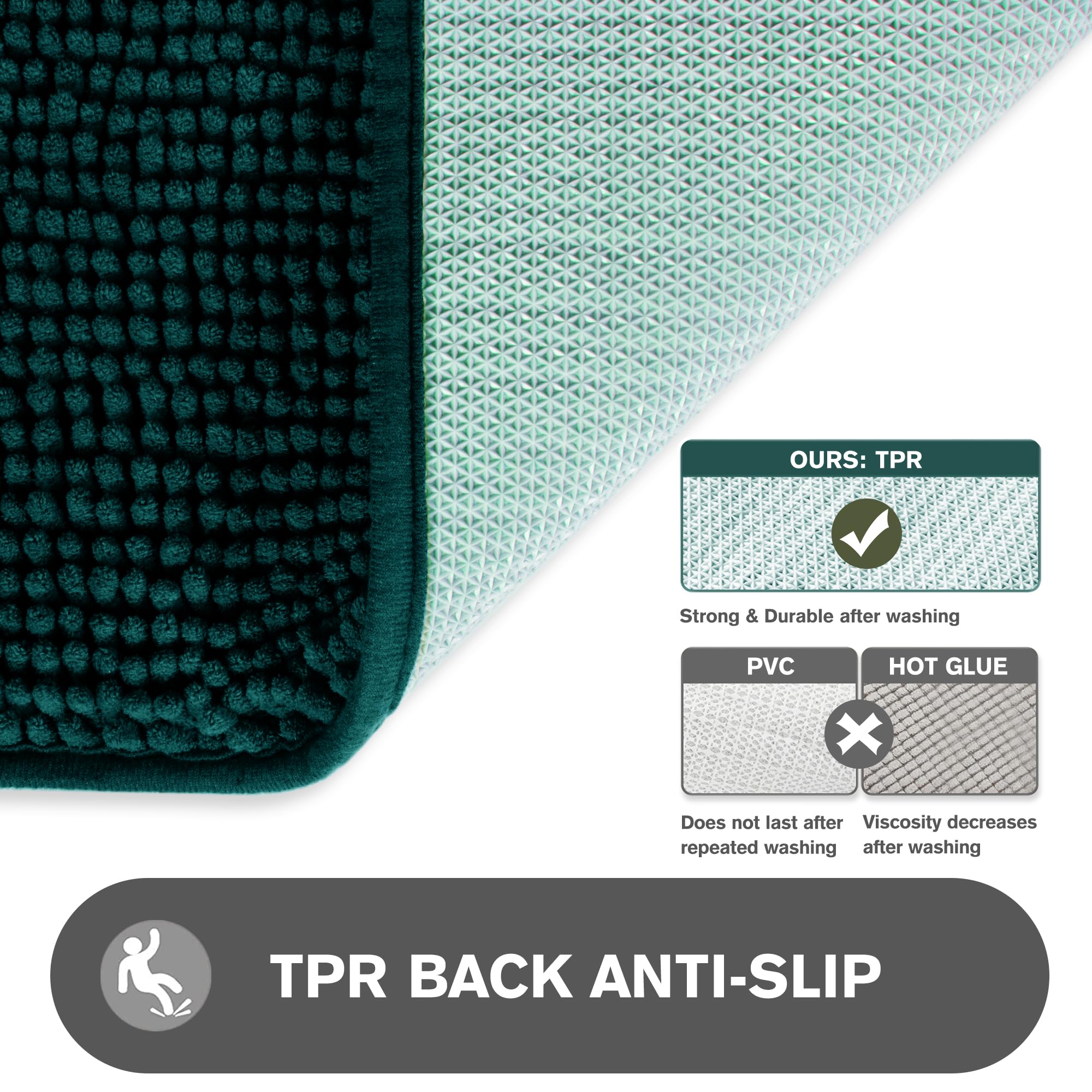 Pureswan Dark Teal Bathroom Rugs - Absorbent And Washable Bath Mat, Non-Slip, Thick Soft Chenille Bath Rugs For Bathroom Floor,