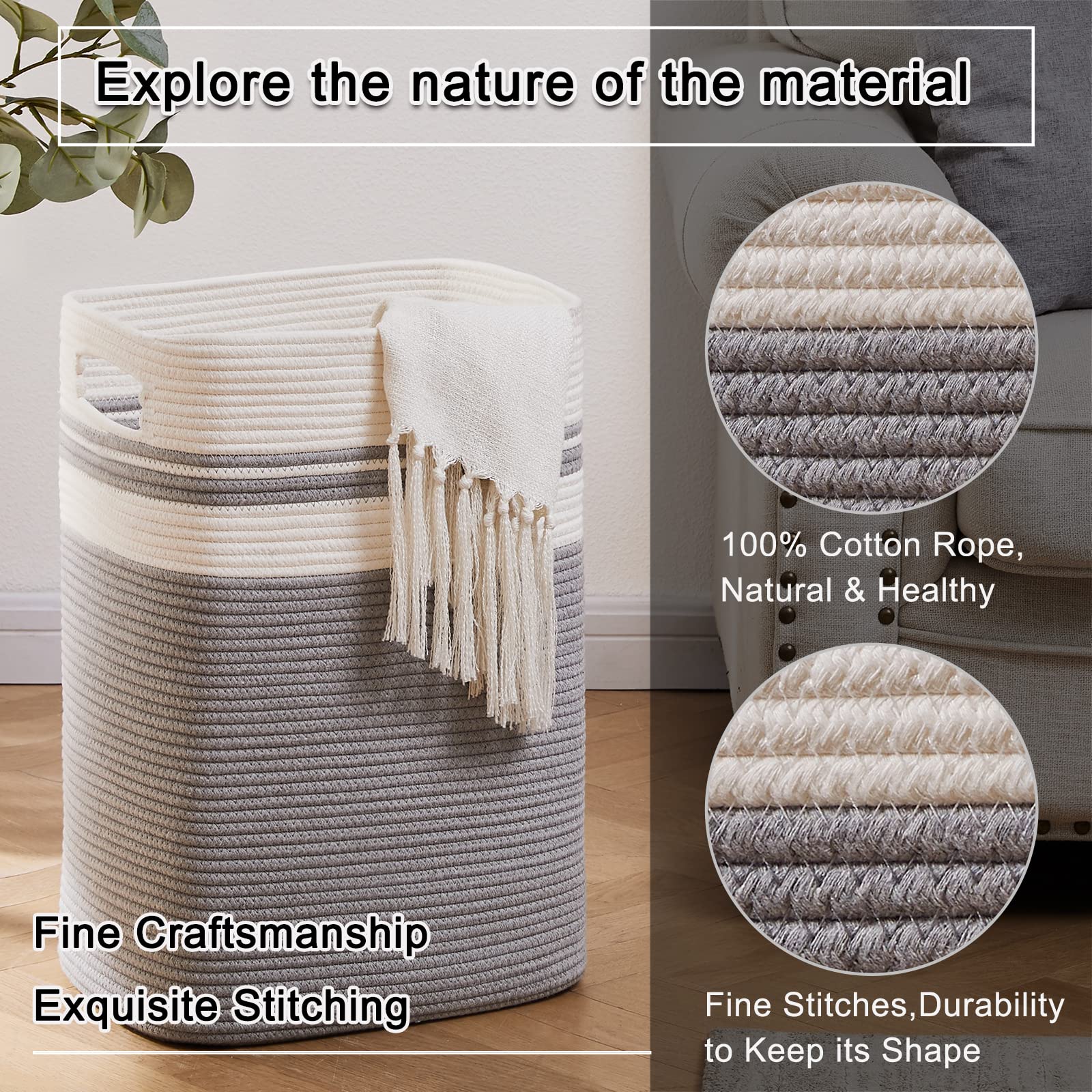 Oiahomy Laundry Hamper-Laundry Basket,Tall Cotton Storage Basket With Handles,Decorative Blanket Basket For Living Room,Collapsi