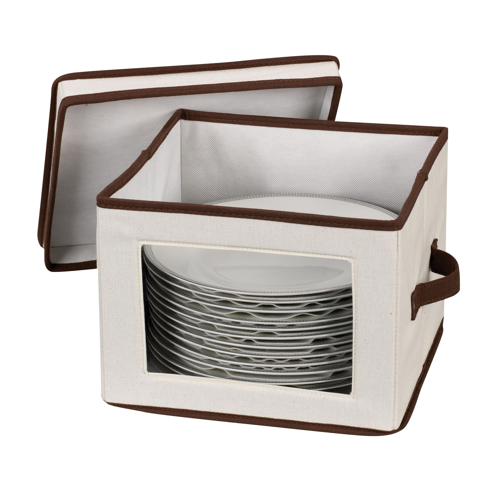Household Essentials 536 Dinnerware Storage Box with Lid and Handles | Storage Bin for Dinner Plates | Natural Canvas with Brown Trim