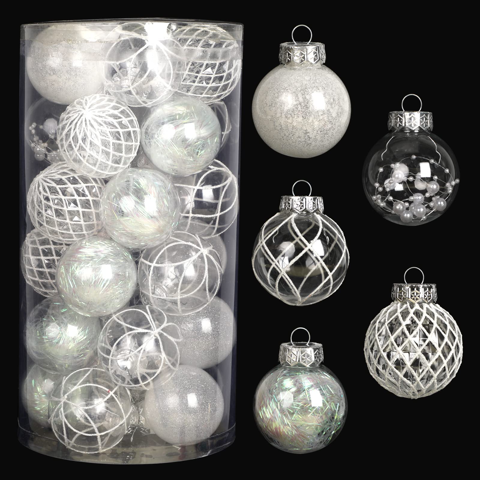 Clear Christmas Ball Ornaments, 30ct 2.36 Inch White Christmas Ornaments Balls for Christmas Tree with Delicate Stuff Shatterpro