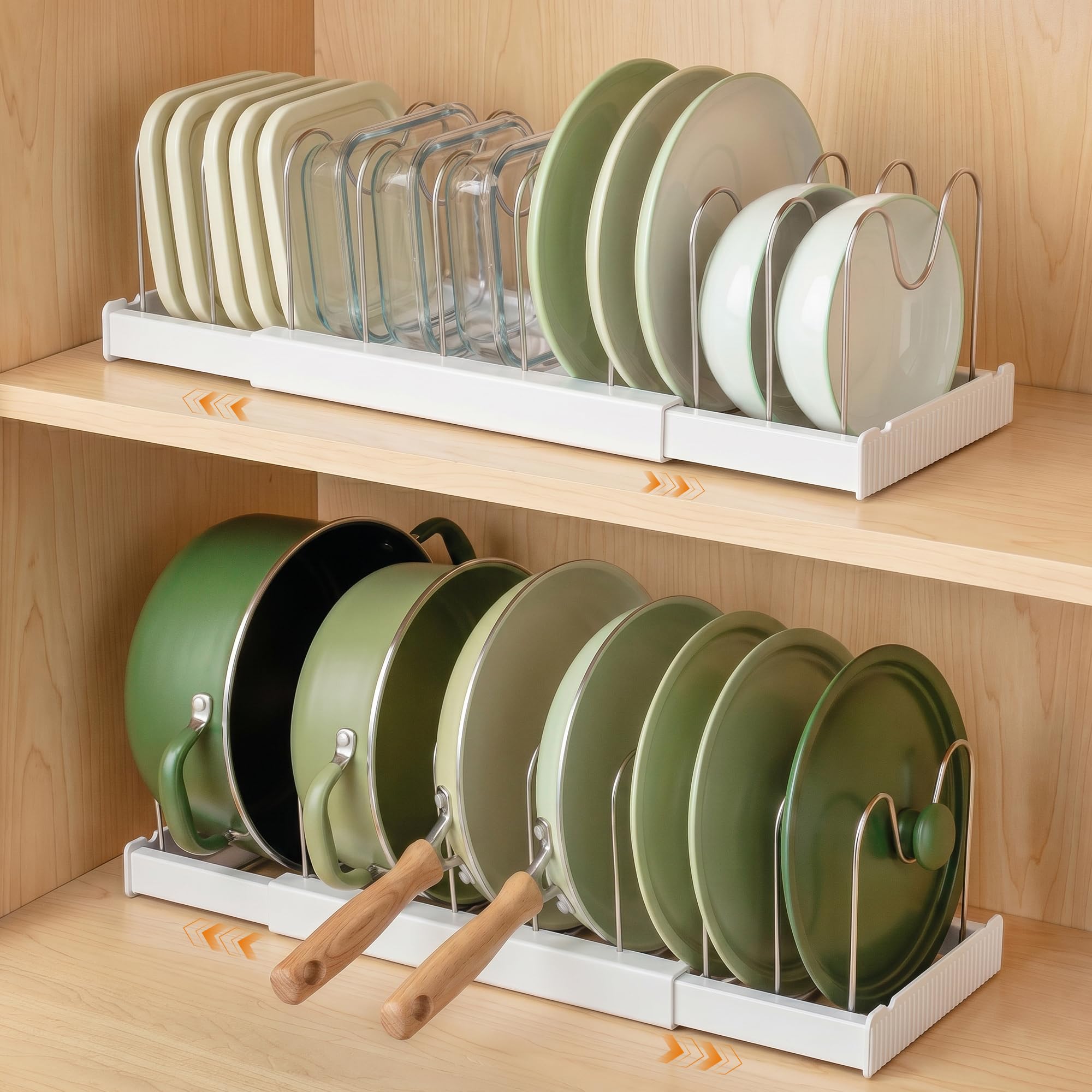 MOZELISE 2 Pack Expandable Pot Lid Organizers with 10 Adjustable Dividers