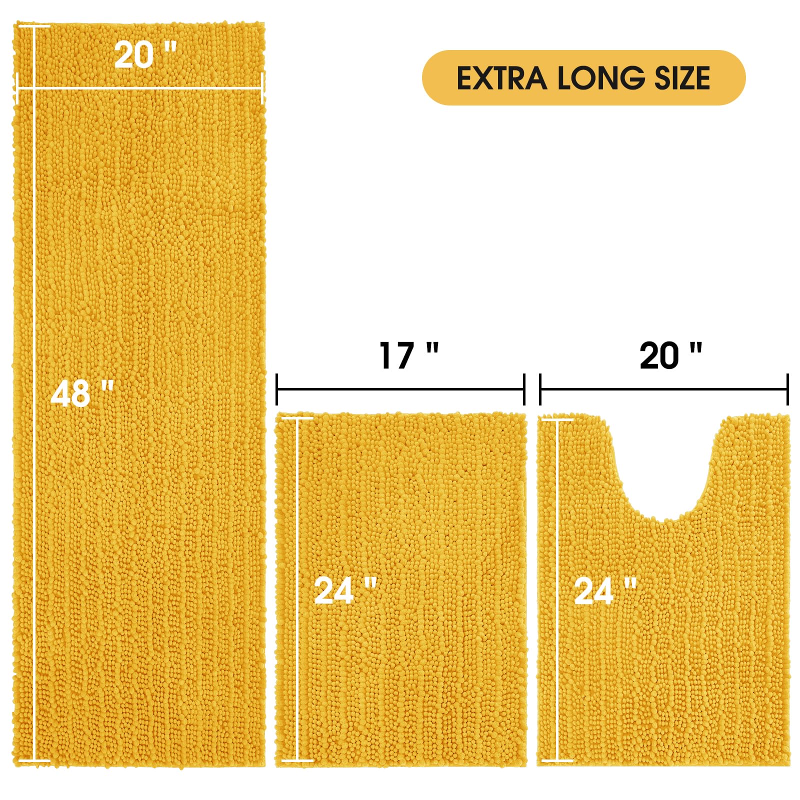 Accumtek Upgrade Extra Large Gold Bathroom Rug Set 3 Pieces Ultra Soft, Thick Absorbent Bath Mats, Non Slip Chenille Toilet Mat