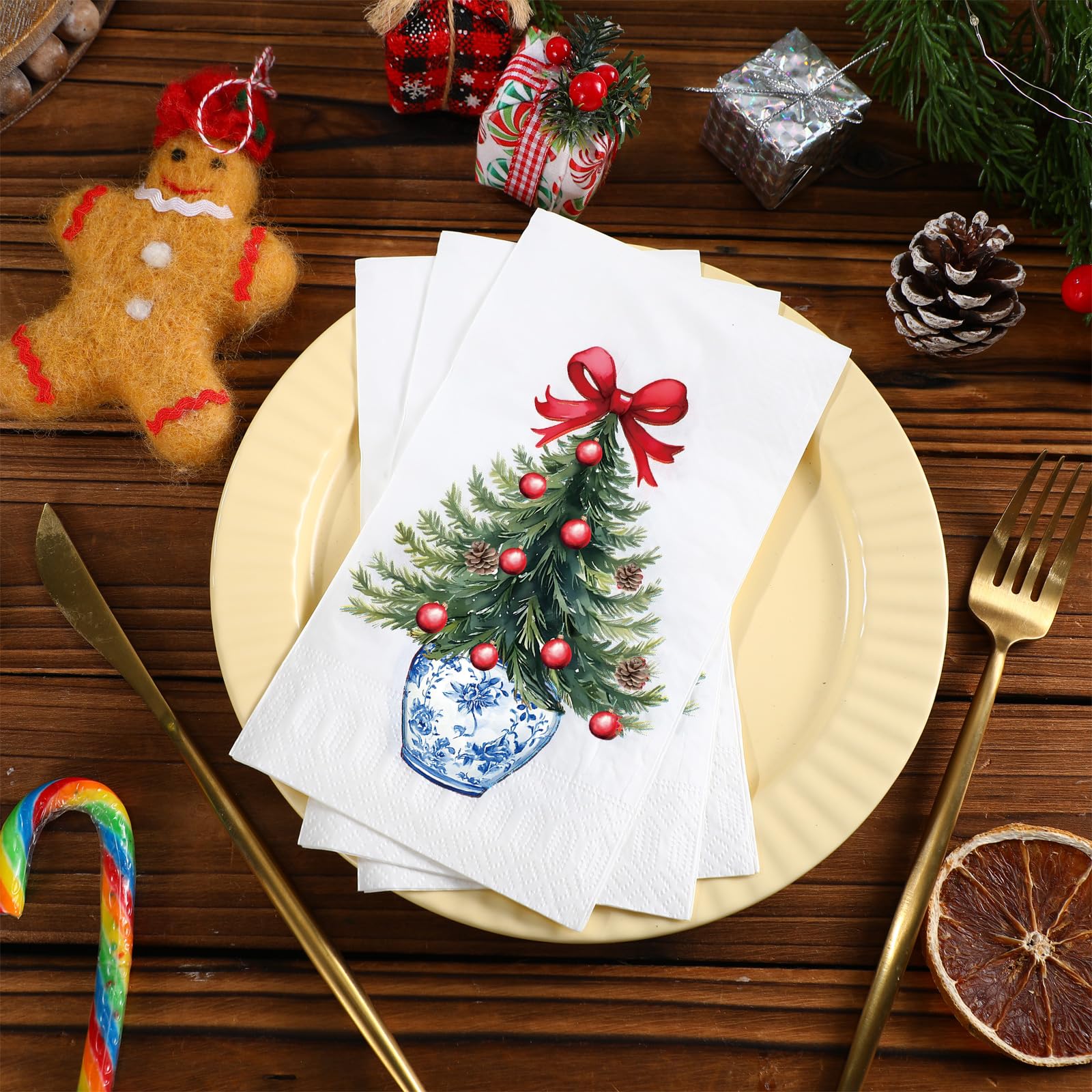 Jetec 200 Pcs Christmas Tree Disposable Hand Towels for Bathroom Chinoiserie Christmas Tree Paper Guests Napkins Decorative Disp