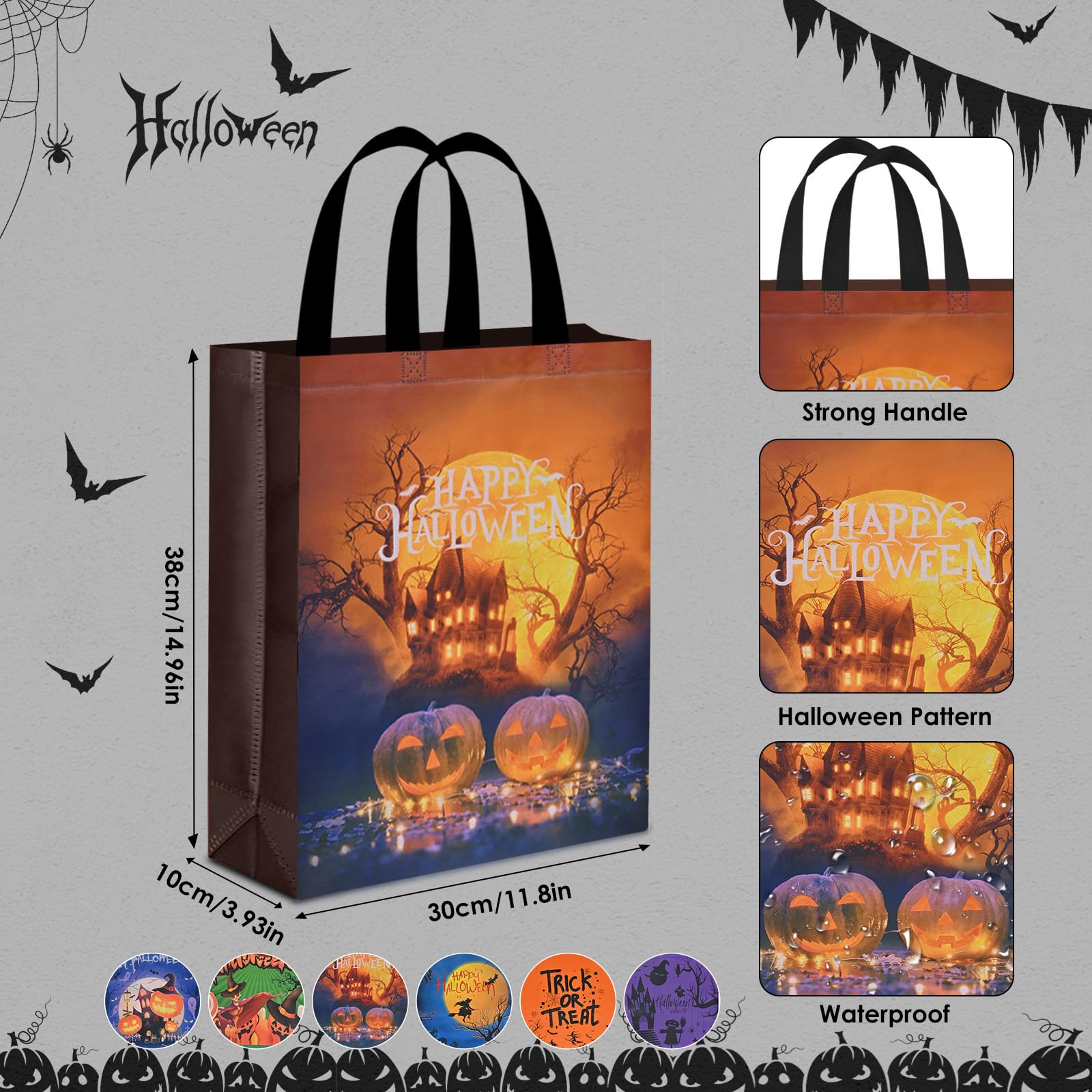 Ahfulife 12 Pcs Halloween Trick Or Treat Bags, Large Halloween Candy Tote Bags With Handles, Reusable Halloween Non-Woven Gift B