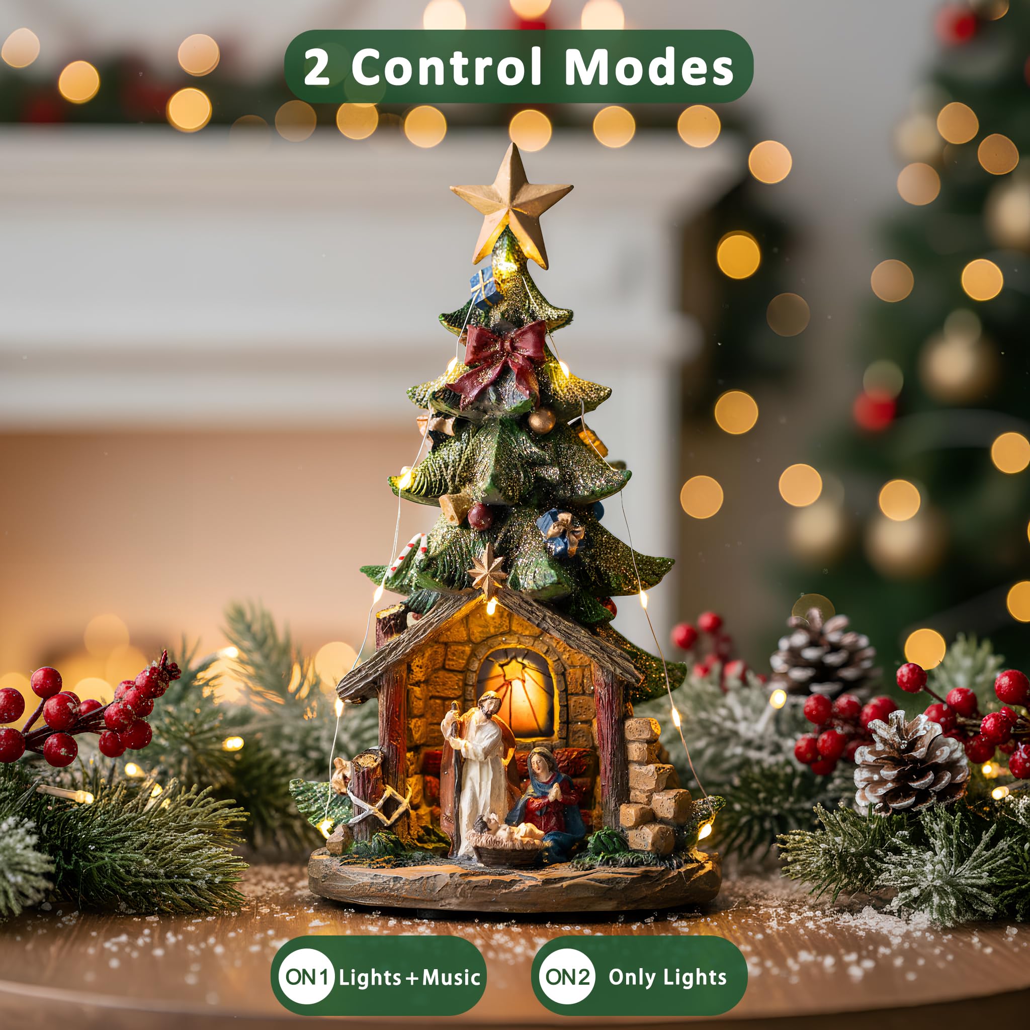 VISFLAIR 12'' Christmas Tree Lighted Manger Nativity Scene, Musical Holy Family Figurines LED Light Play Silent Night Music, Bat
