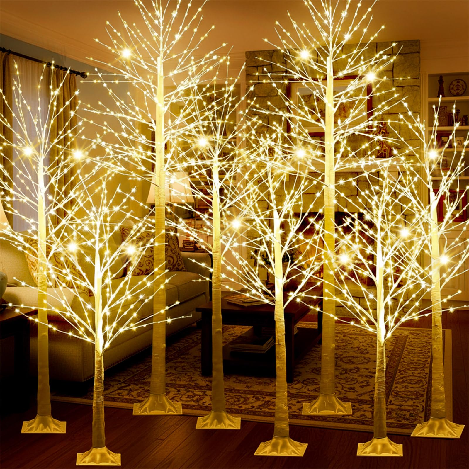Baquler 8 Pack Lighted Birch Tree - 4 5 6 8 Large Christmas Warm-White LED 8 Mode Light Birch Tree Decoration Set for Thanks