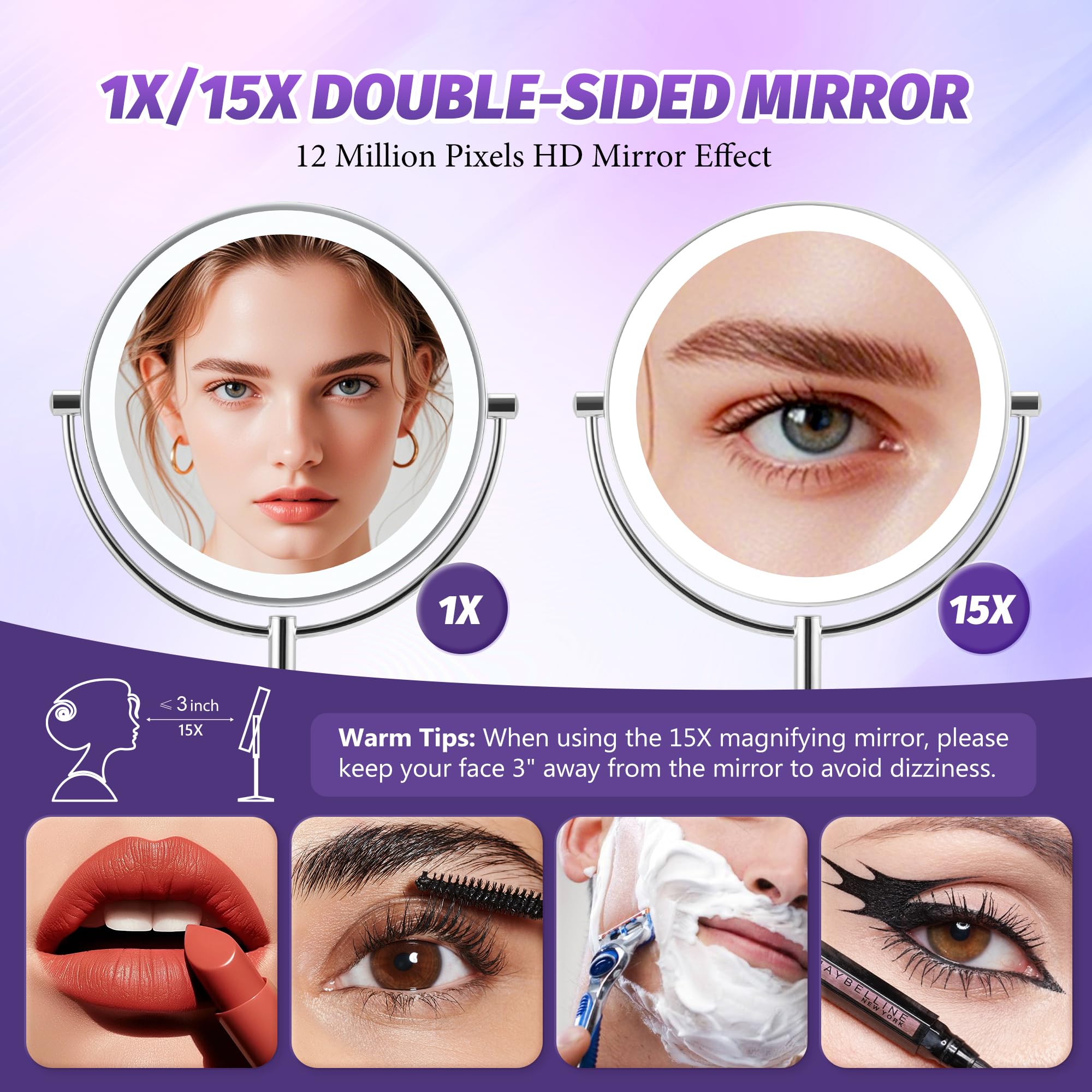 9'' Makeup Mirror With Lights: 1X/15X Lighted Makeup Mirror With Magnification, True Hd Magnifying Mirror With 3 Color Lights, 3
