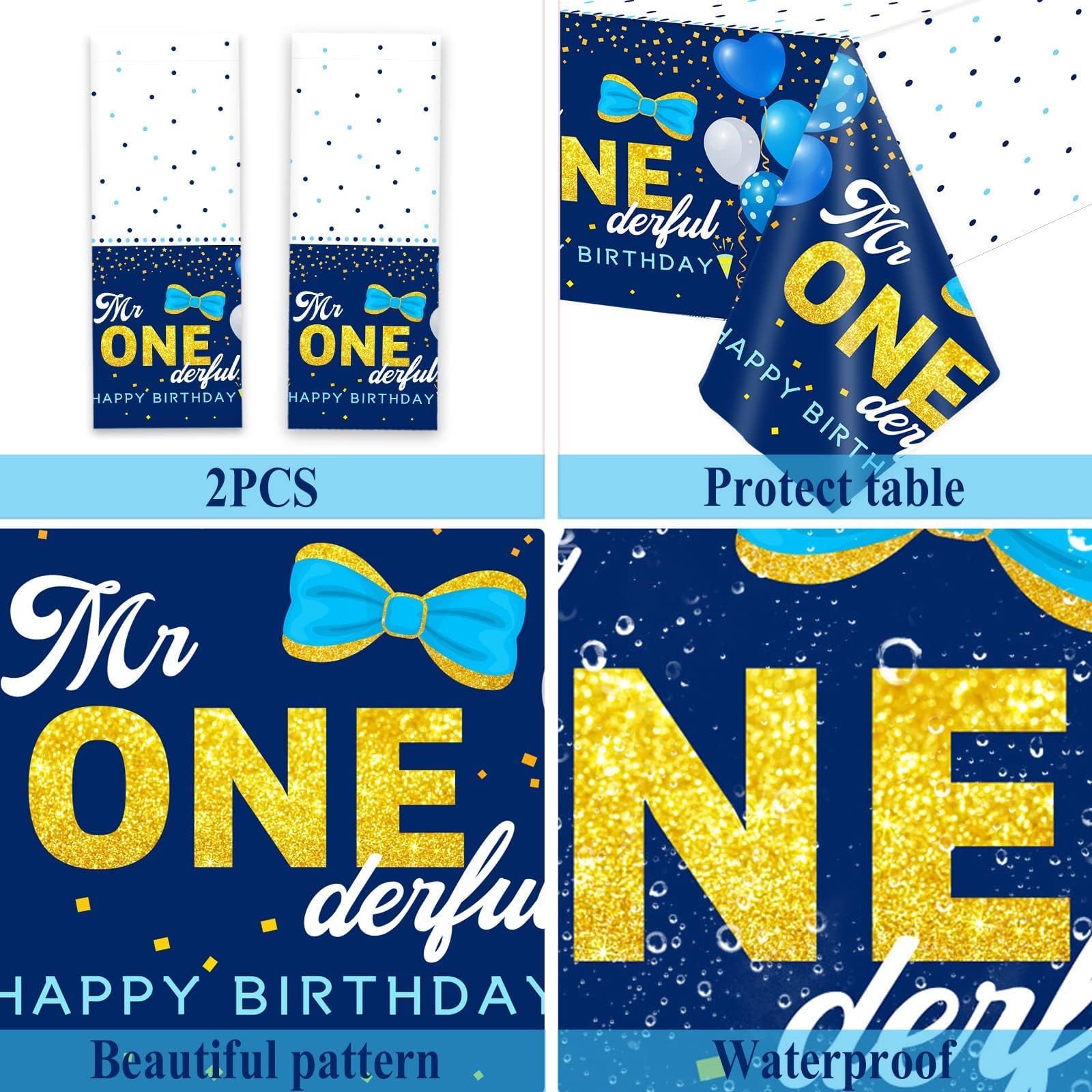 98 Pieces Mr Onederful 1St Birthday Party Decorations Boy 1St Birthday Tableware Set Blue Tablecloth Plates Party Supplies Kit F