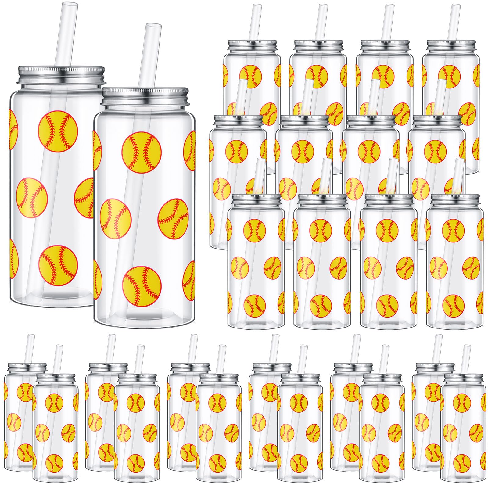 Maxdot 24 Pack 14.2 OZ Softball Gifts Softball Plastic Cups with Lid and Straw Bulk Softballs Cup Clear Reusable Plastic Juice B