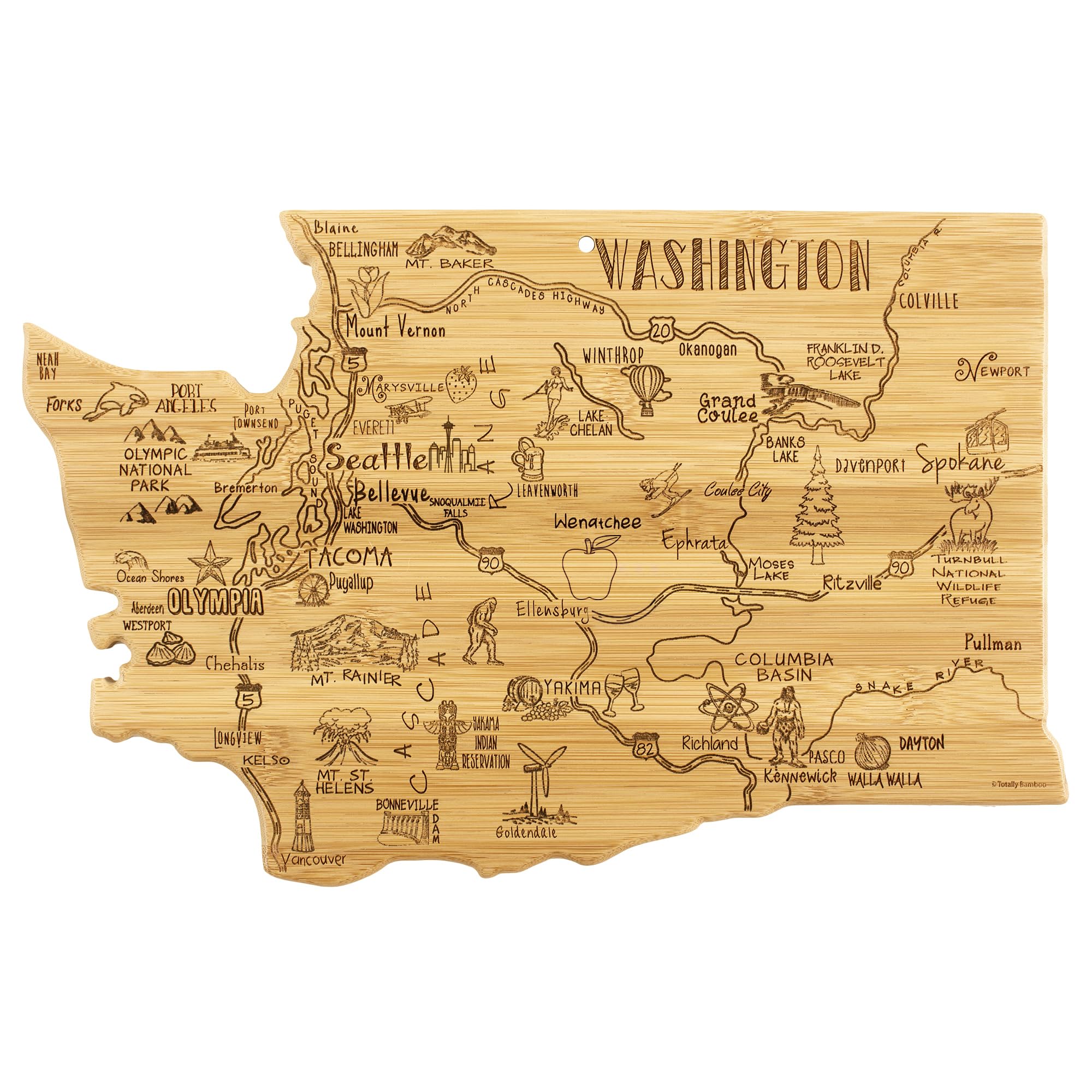 Totally Bamboo Destination Washington State Shaped Cutting Board, Charcuterie and Cheese Serving Board - Washington Gift for Hom