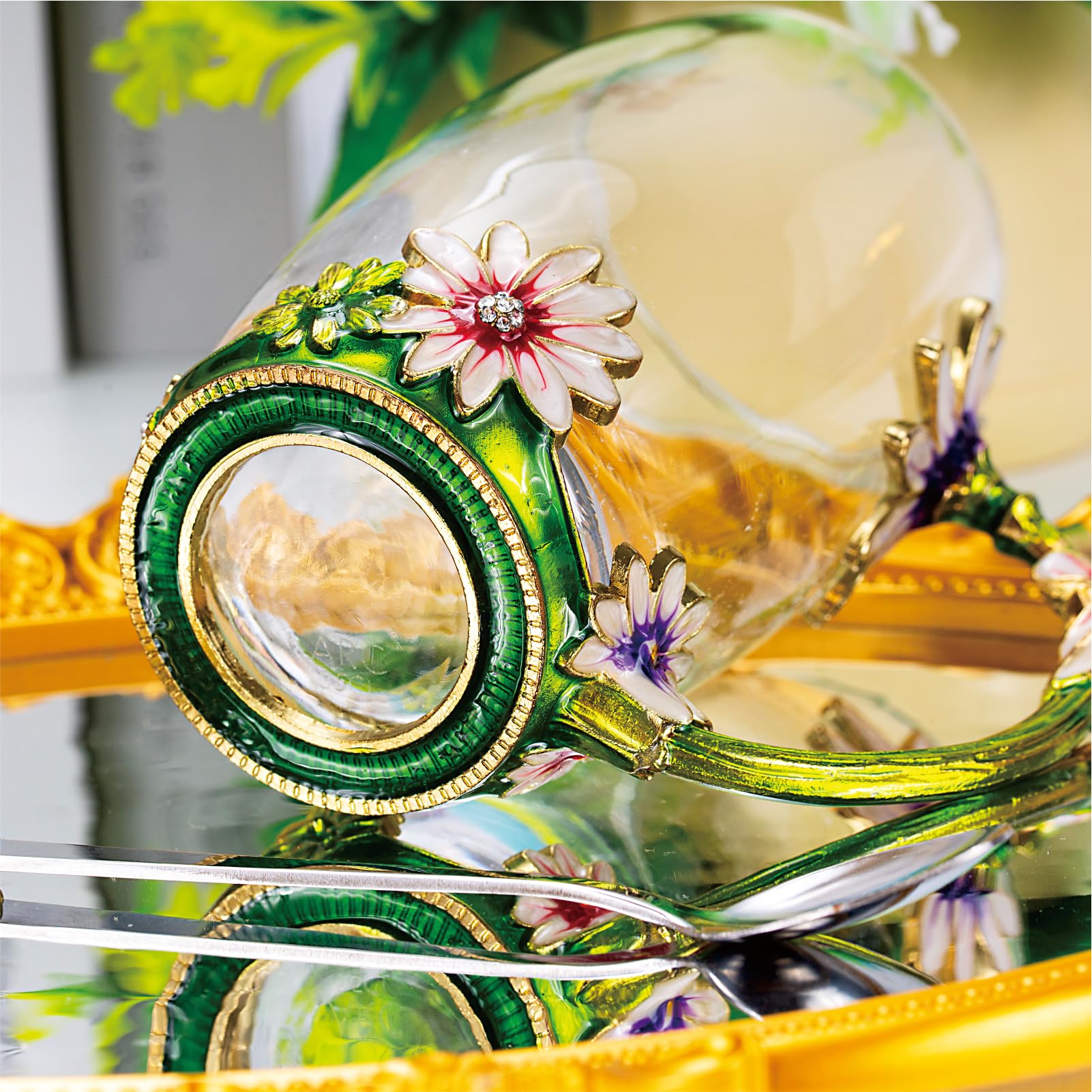 Flower Tea Cup ,Daisy Flower Clear Glass Fancy Coffee Mug with Spoon,Gift Box for Her Mom Wife Grandma Girls Friends Valentines
