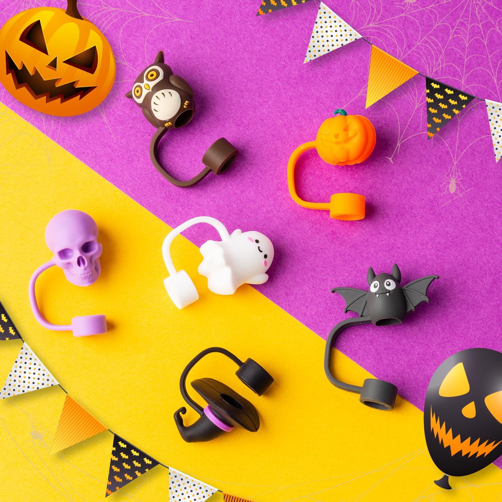 6Pcs Halloween Straw Cover Cap For Stanley Cup 40Oz/30Oz Tumbler, 10Mm Reusable Cute Ghost Drinking Straw Topper Accessories, Po