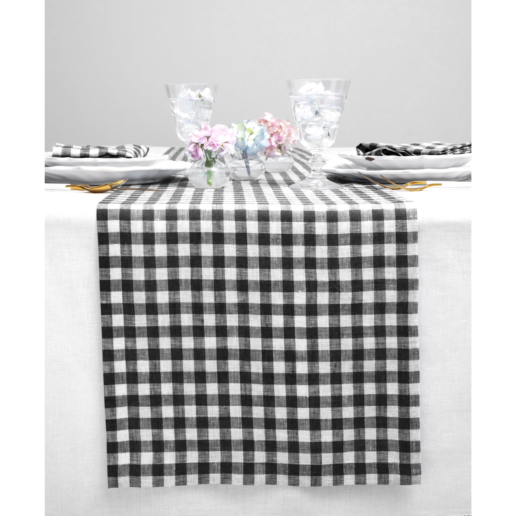 Solino Home Check Linen Table Runner 108 Inches Long - 100% Pure Linen Black Plaid Table Runner 14 X 108 Inch Ideal For Wedding,