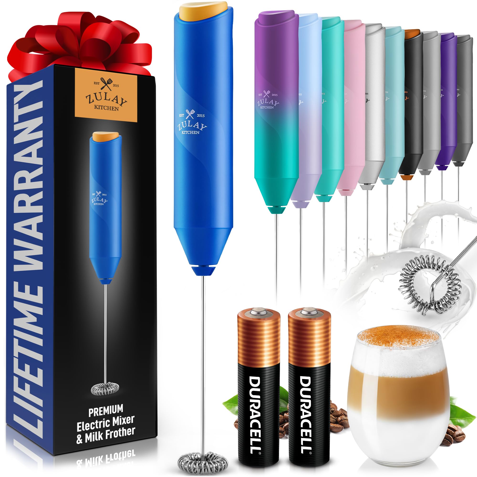 Zulay Kitchen Duracell Powered Milk Frother Handheld Foam Maker - Whisk Drink Mixer For Coffee, Latte, Matcha, Cappuccino - Mini