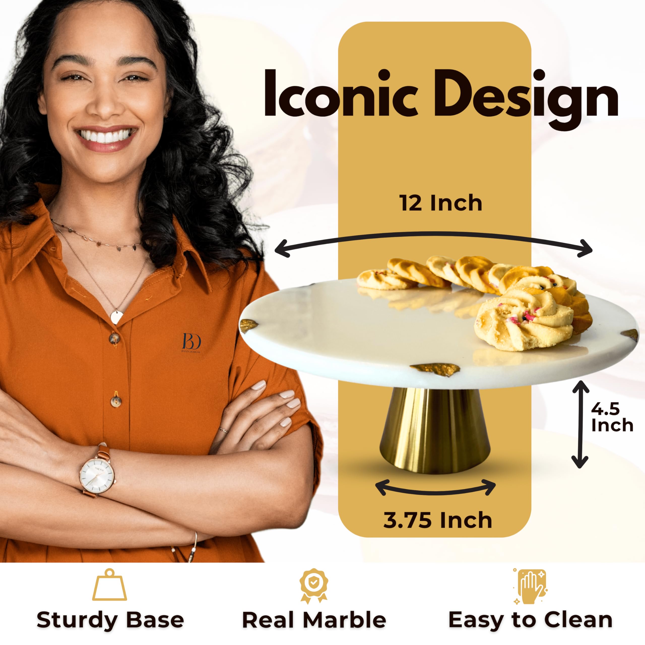 Real Marble Cake Stand By Balin Designs - White Marble 12'' Round Cake Stand With Gold Stand - Smoothly Versatile Cake, Cupcake